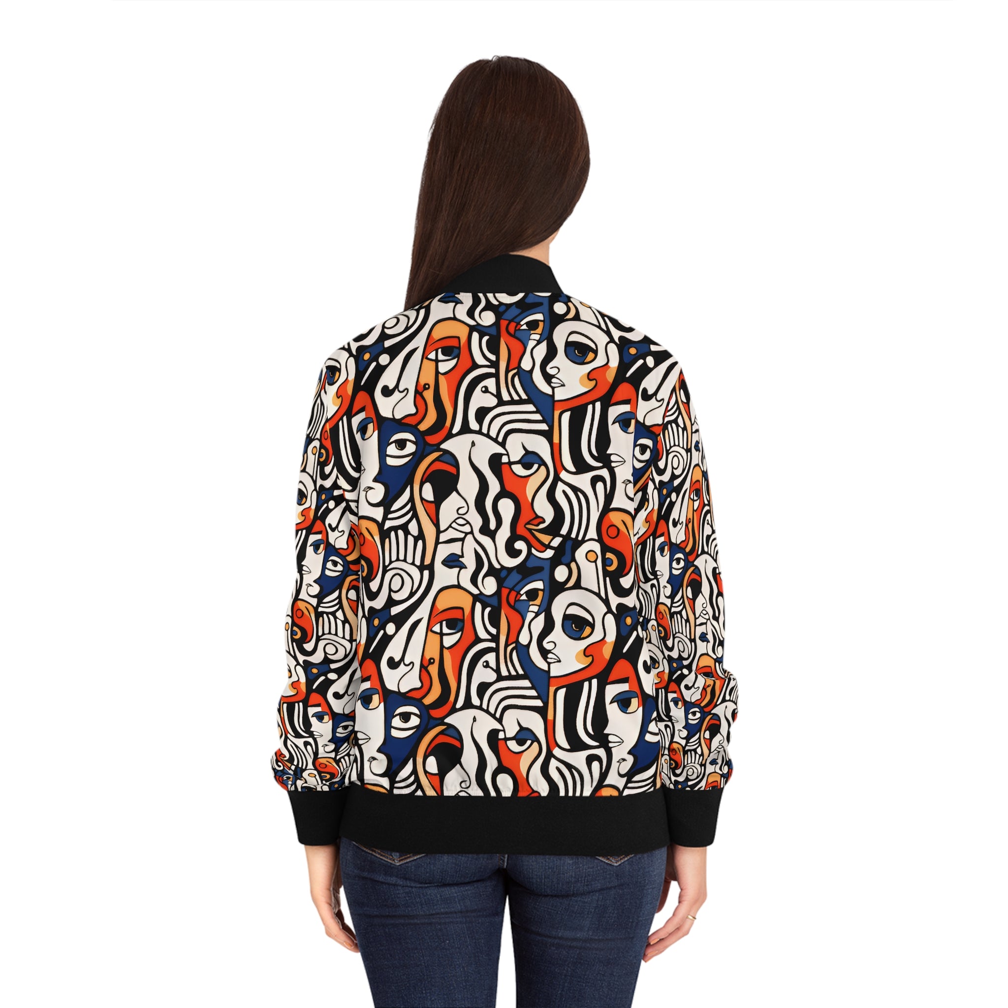 Abstract Faces Bomber Jacket — Colorful Cubist All-Over Print for Women