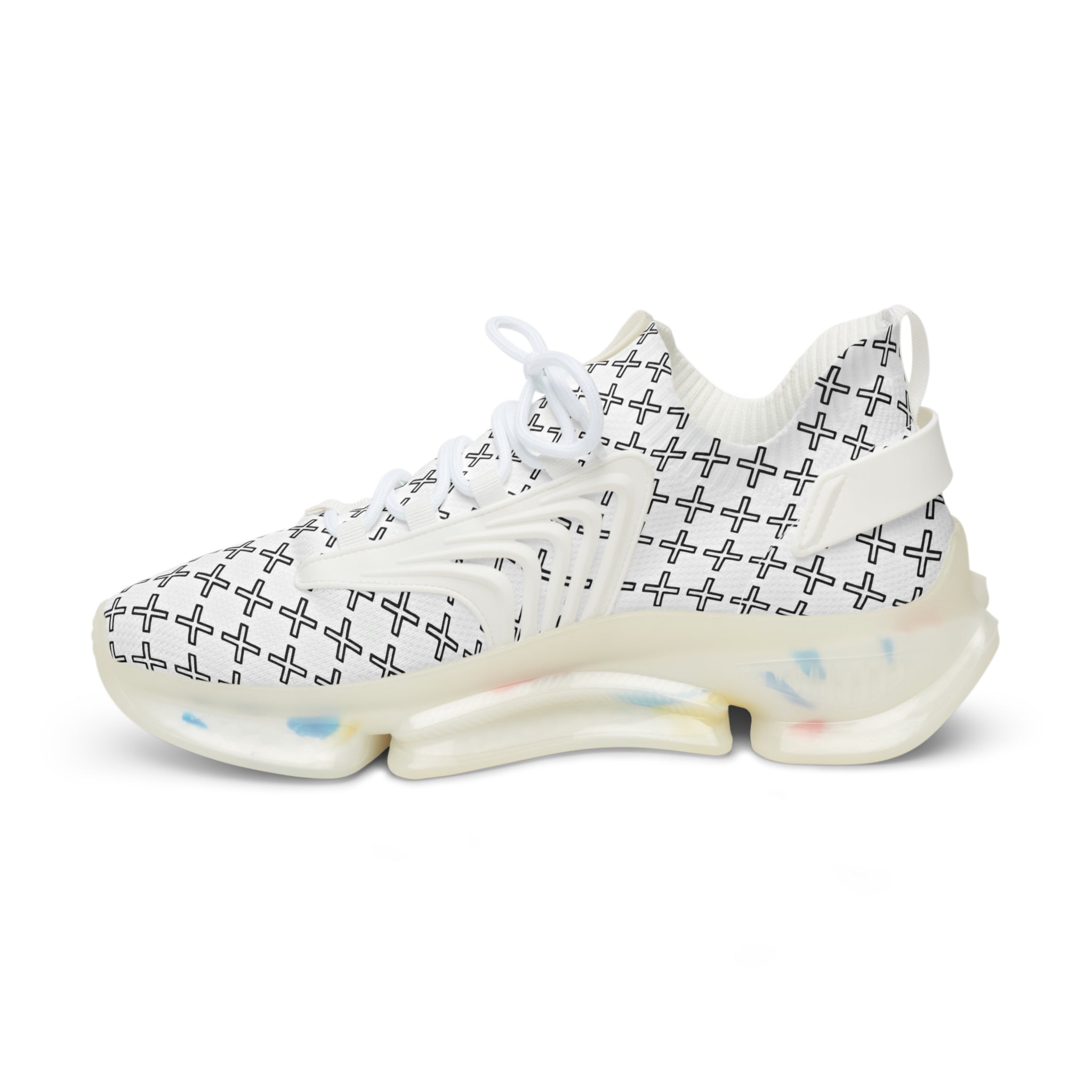White sneaker with black cross pattern on a white background
