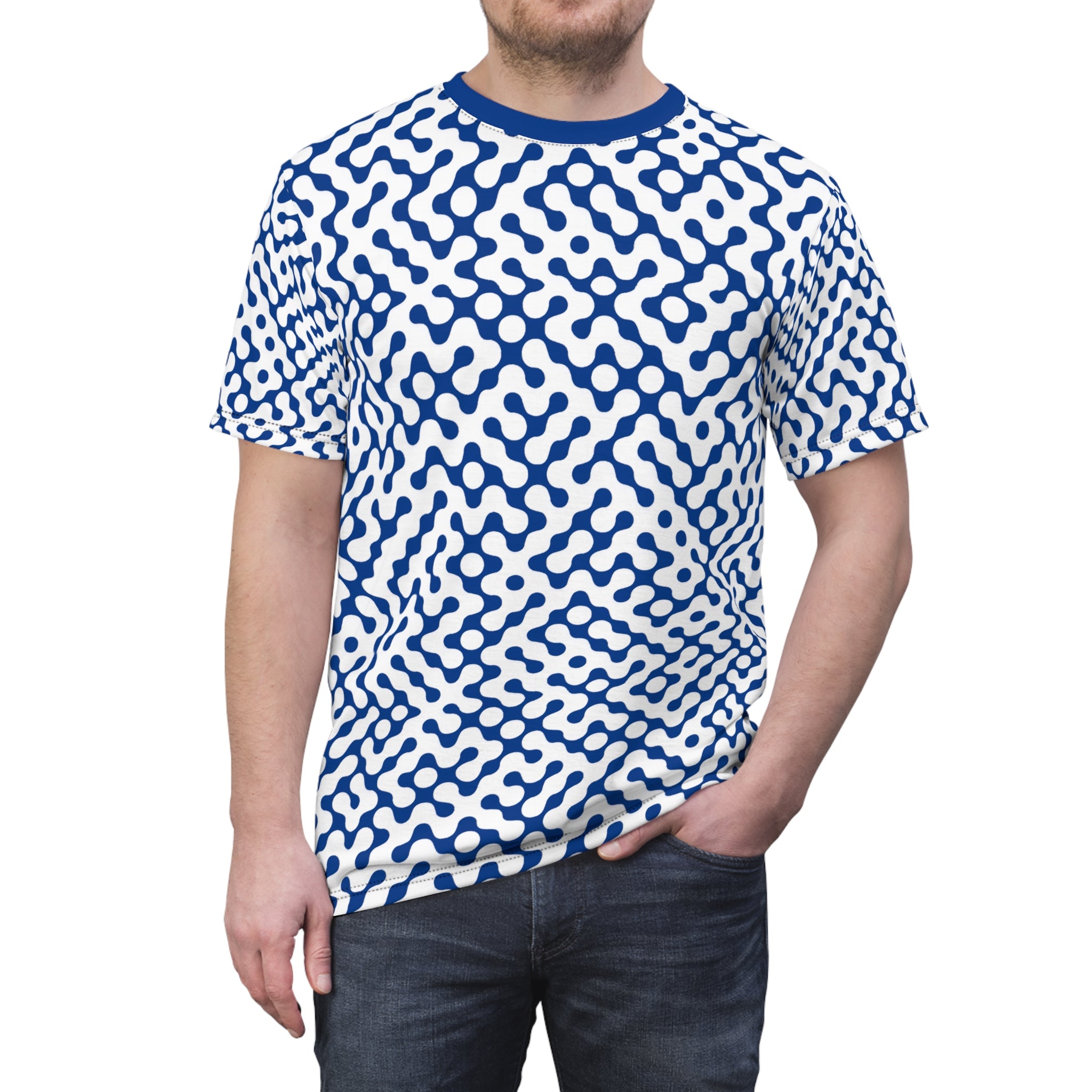 Geometric Blue Wave Tee — All-Over Print Pattern Shirt