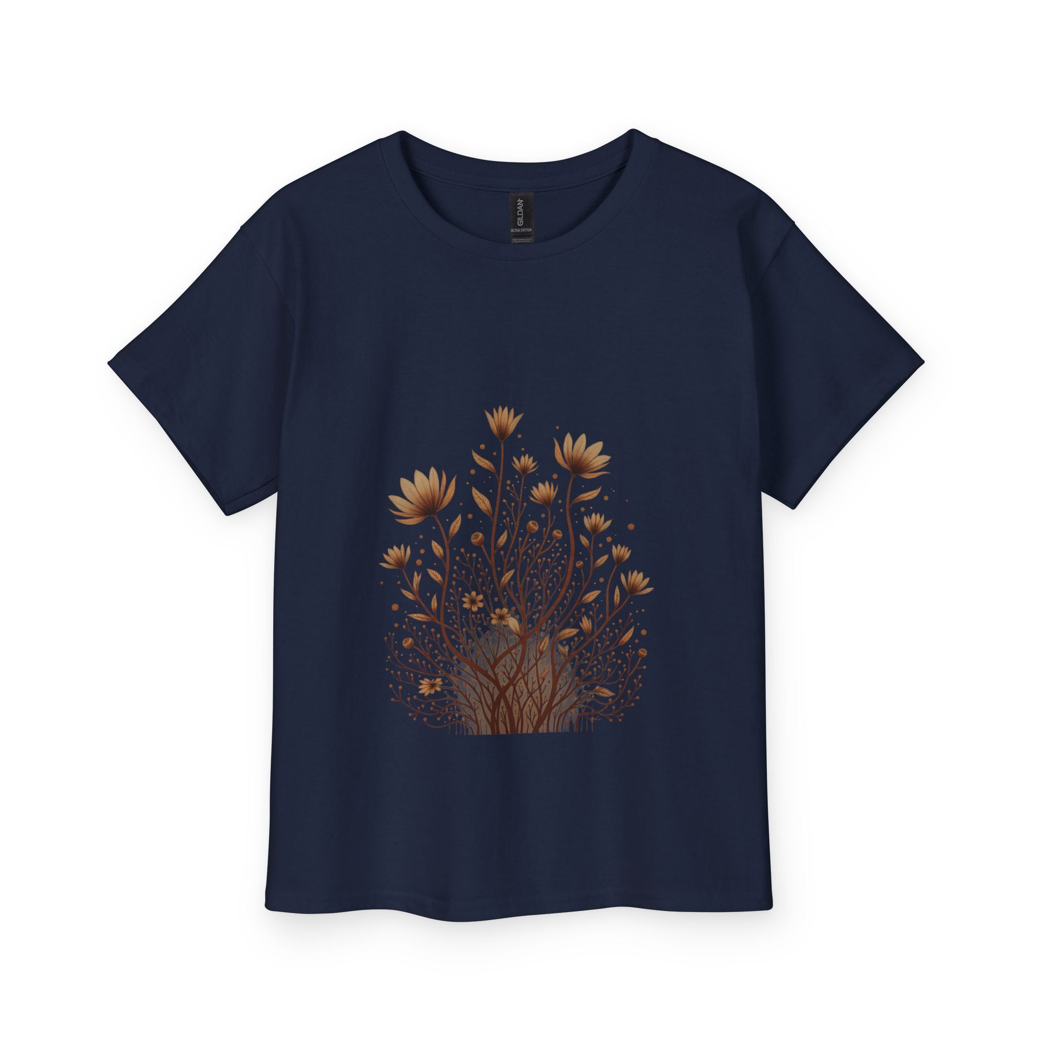 Navy blue t-shirt with floral design on a white background