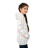 Girl wearing a white hoodie with colorful abstract patterns on a white background