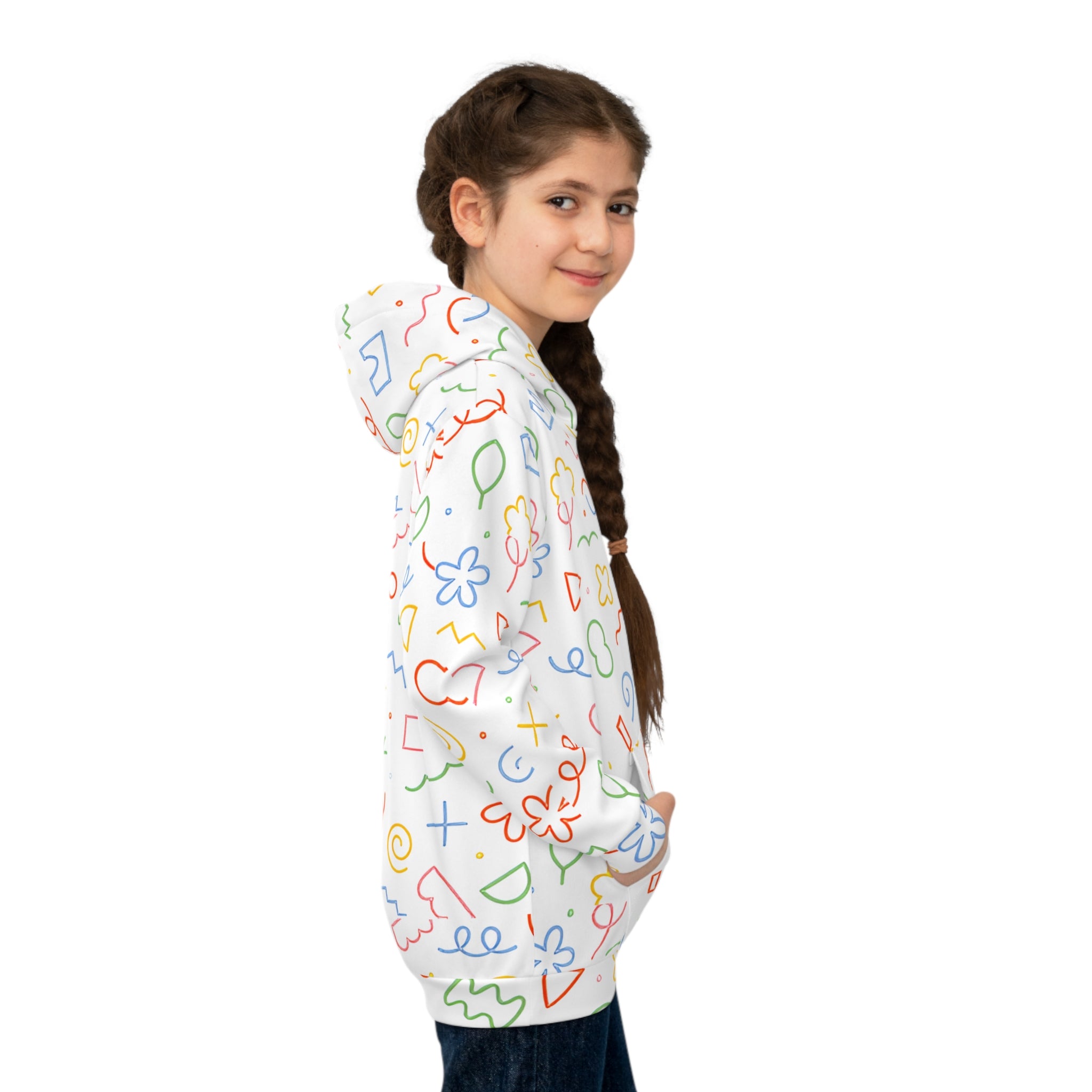 Girl wearing a white hoodie with colorful abstract patterns on a white background