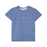 Blue t-shirt with white geometric pattern on a white background