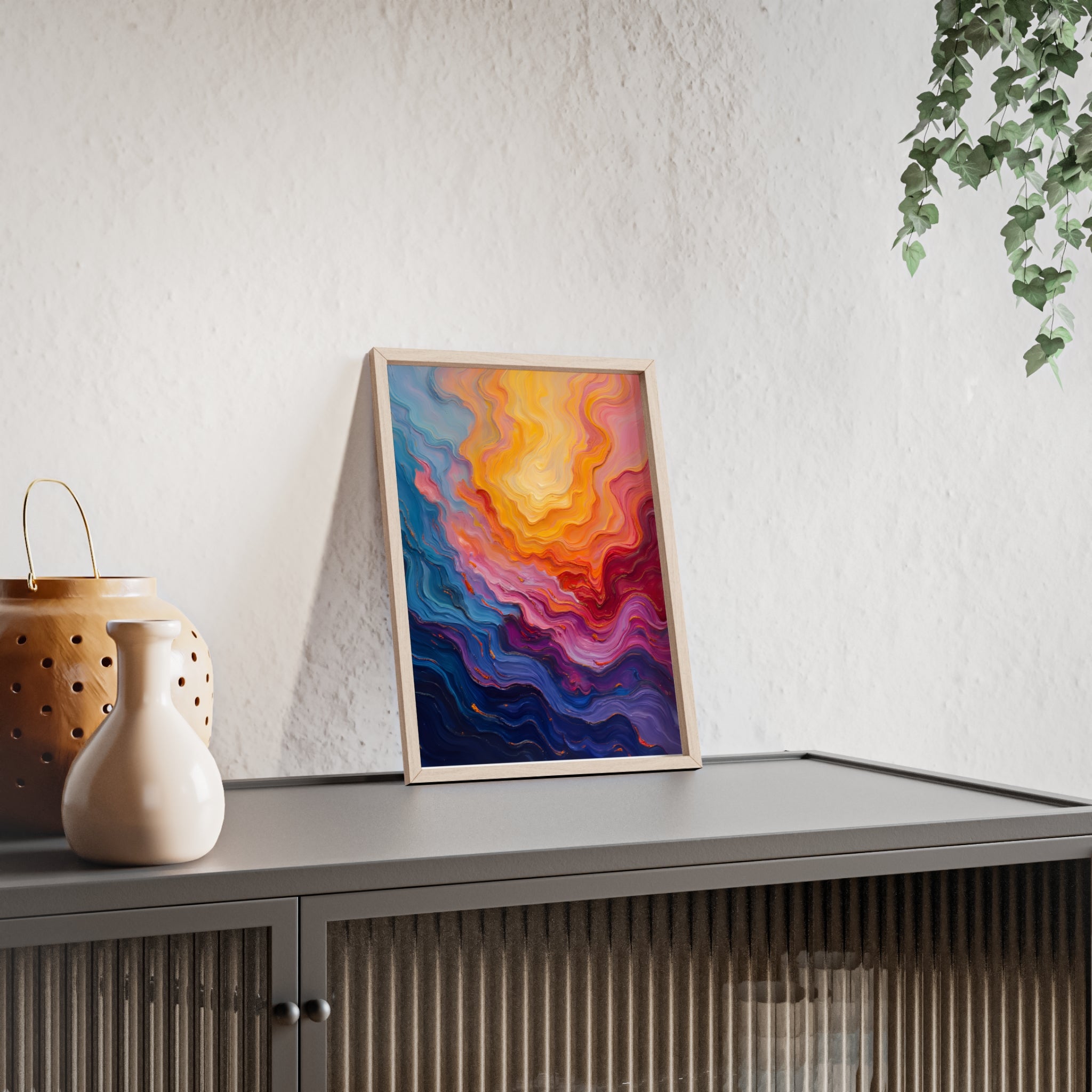 Abstract Color Wave Poster with Wooden Frame — Vibrant Modern Wall Art