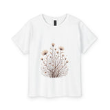 White t-shirt with a floral design on a white background