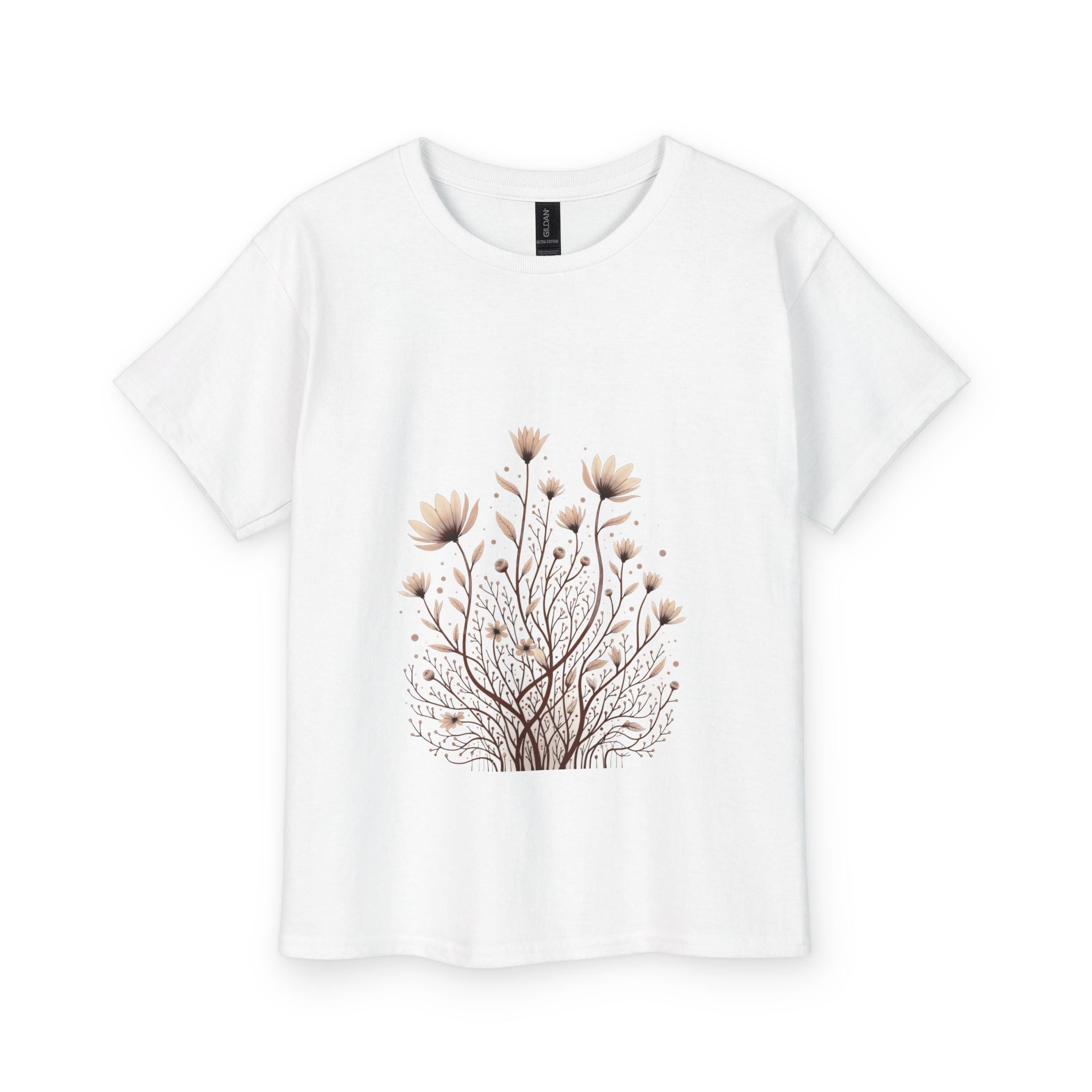White t-shirt with a floral design on a white background