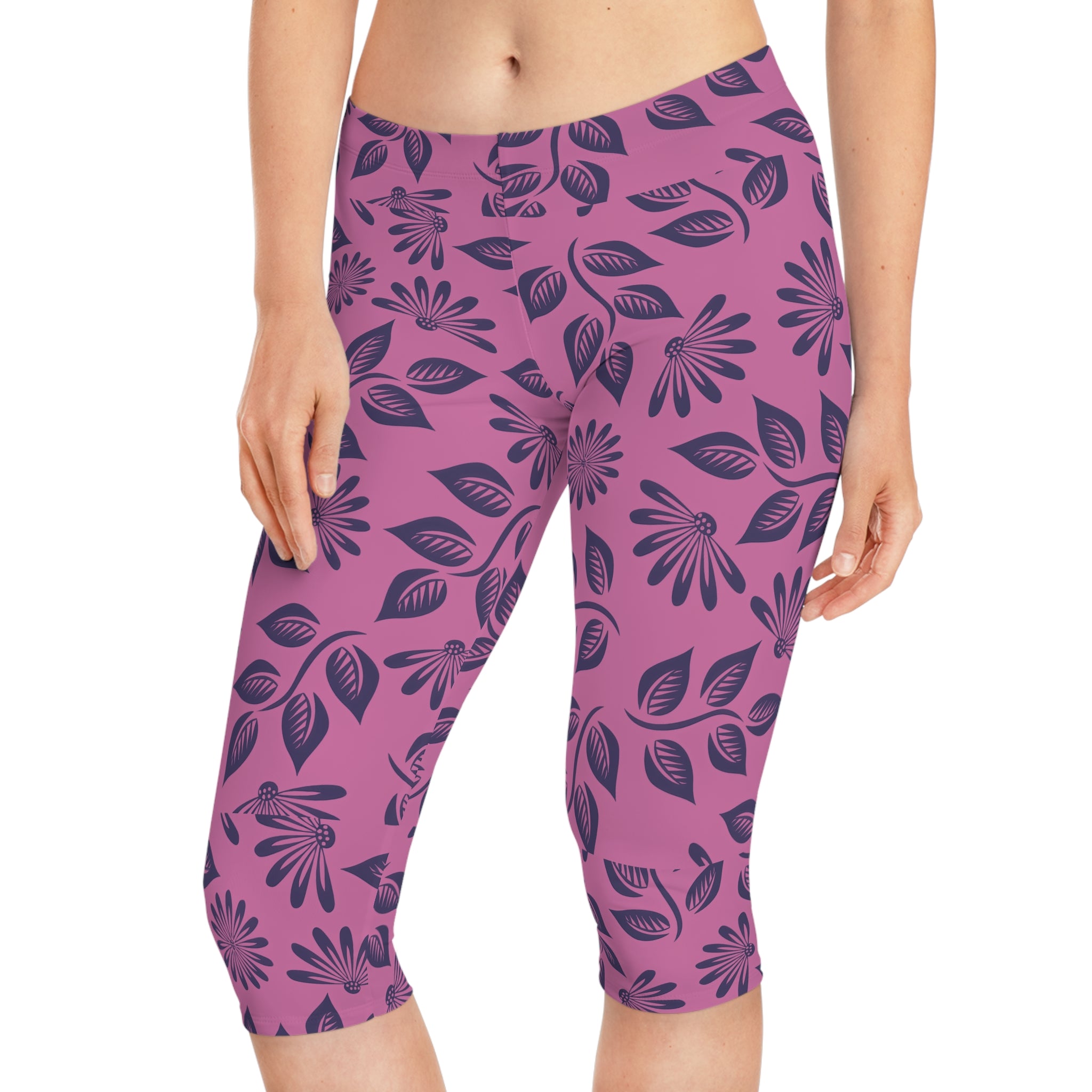 Floral Pink Capri Leggings — Navy Leaf & Daisy All-Over Print