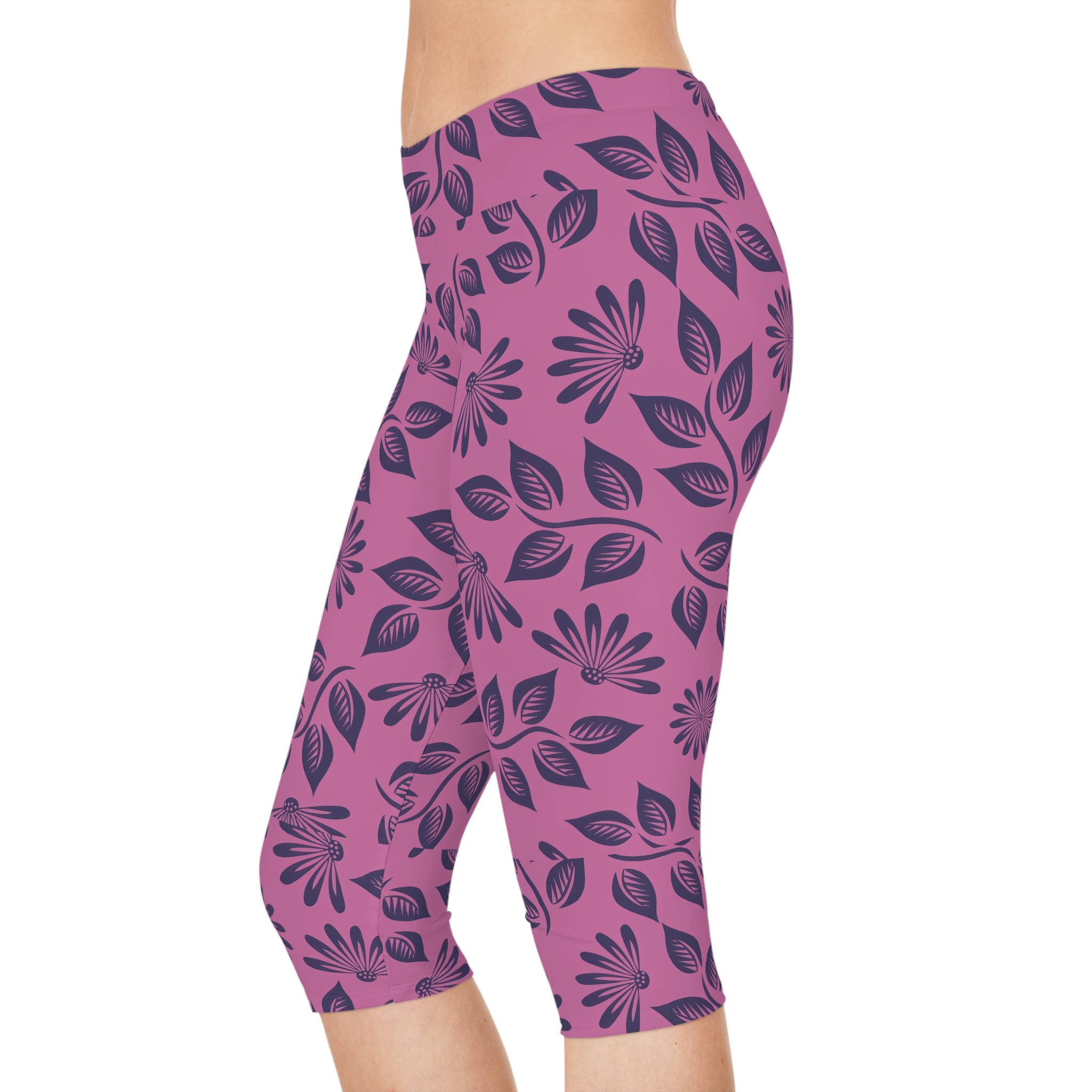 Floral Pink Capri Leggings — Navy Leaf & Daisy All-Over Print