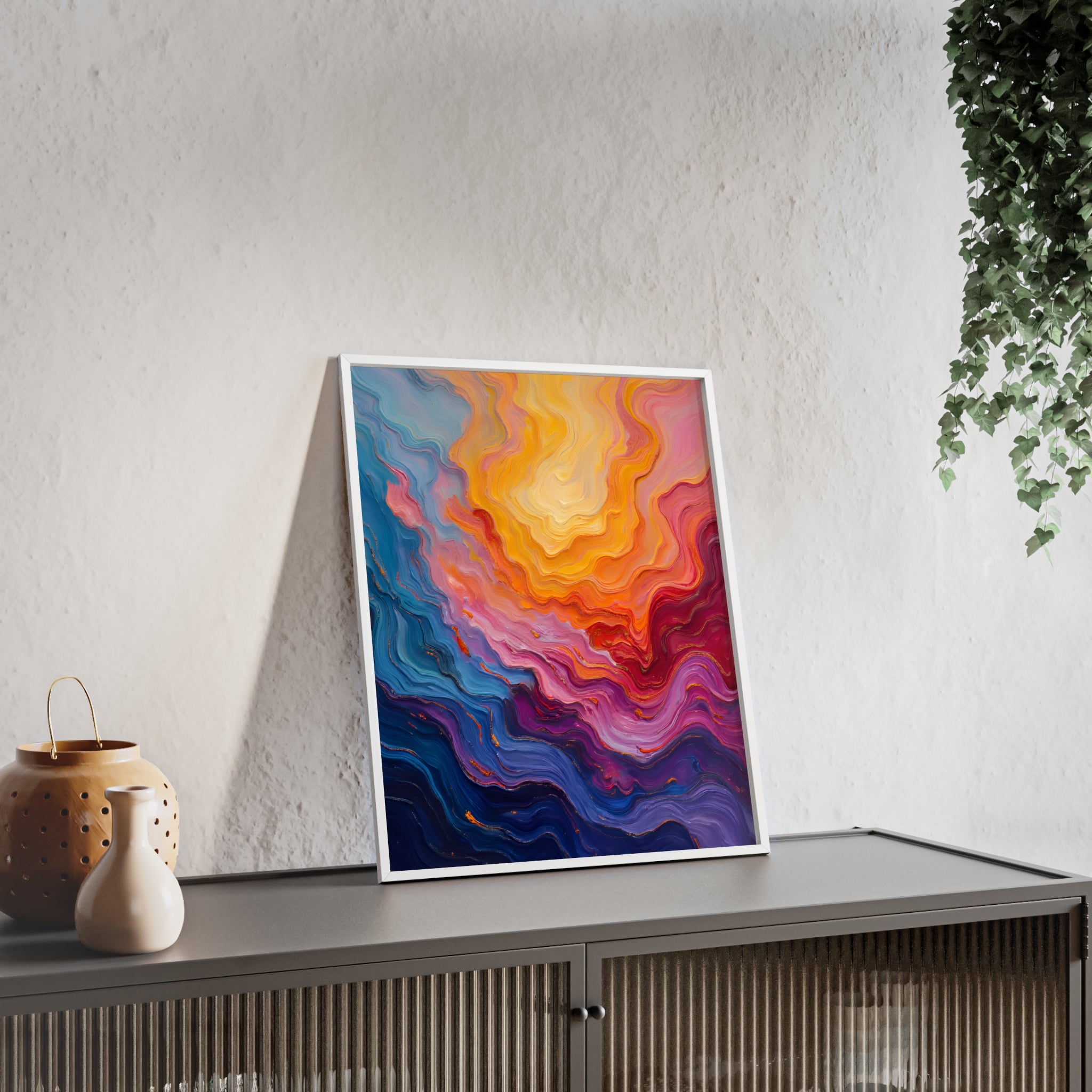 Abstract Color Wave Poster with Wooden Frame — Vibrant Modern Wall Art