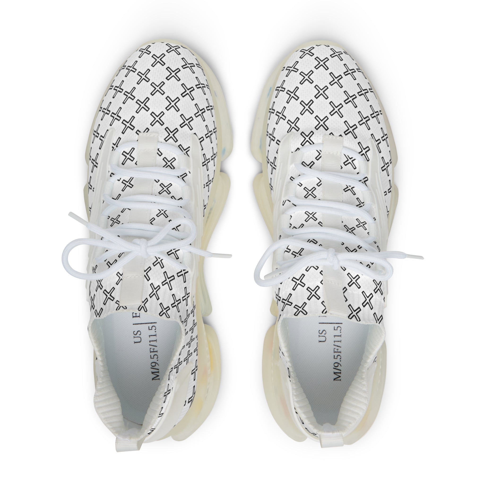 White sneakers with black pattern on a white background