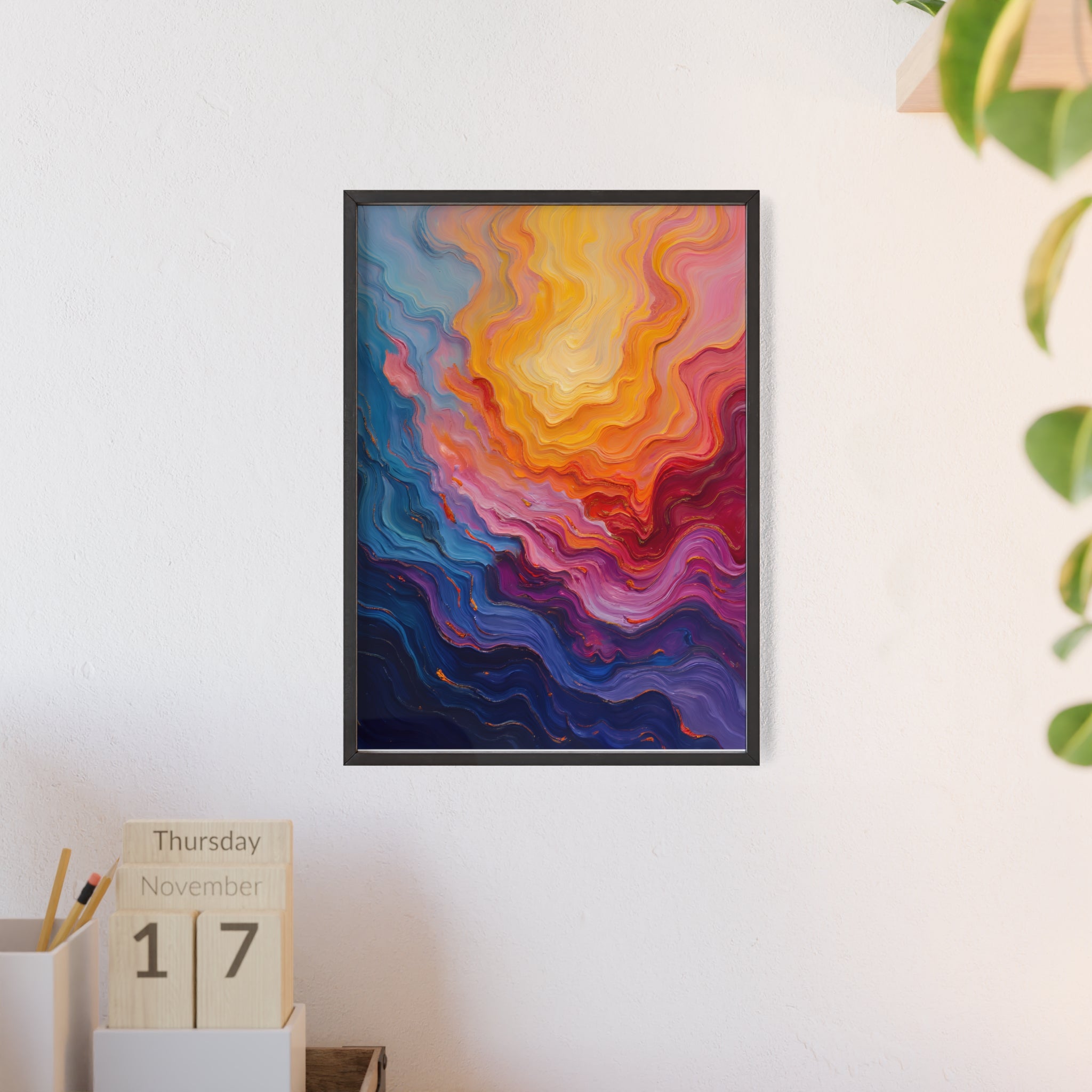 Abstract Color Wave Poster with Wooden Frame — Vibrant Modern Wall Art