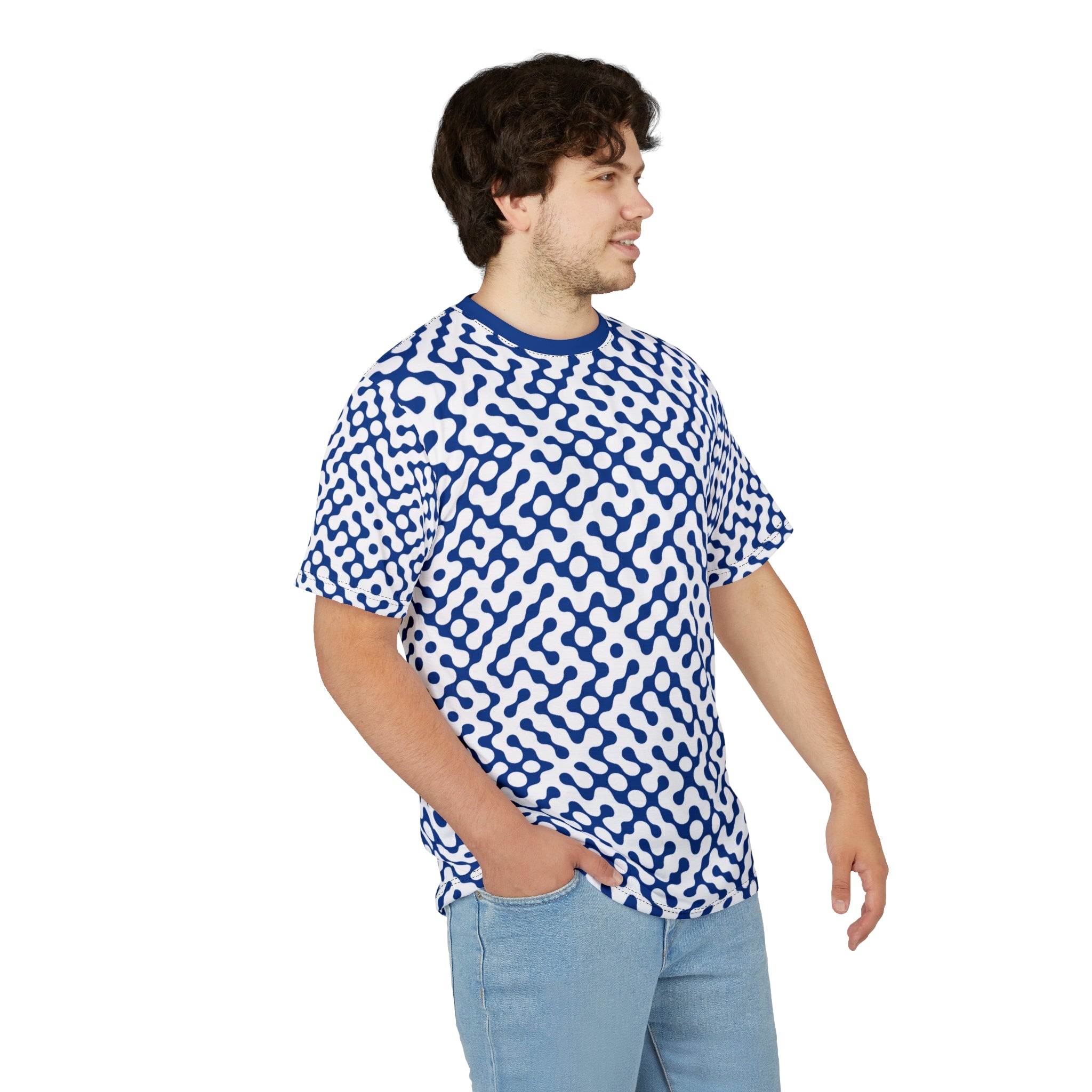 Geometric Blue Wave Tee — All-Over Print Pattern Shirt