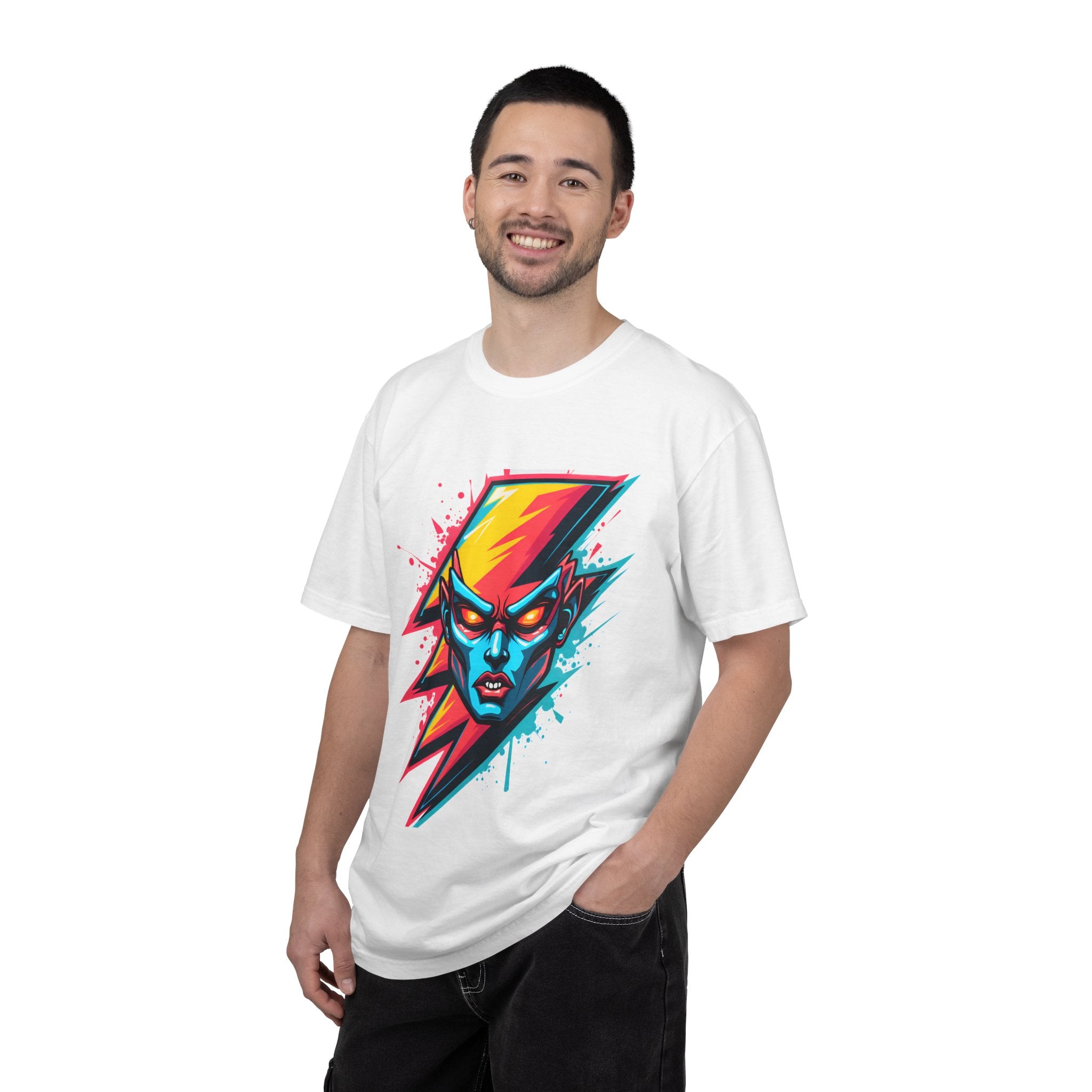 Electric Bolt Face Graphic T-Shirt — Neon Retro Lightning Design