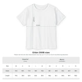 White t-shirt with measurement chart on a white background