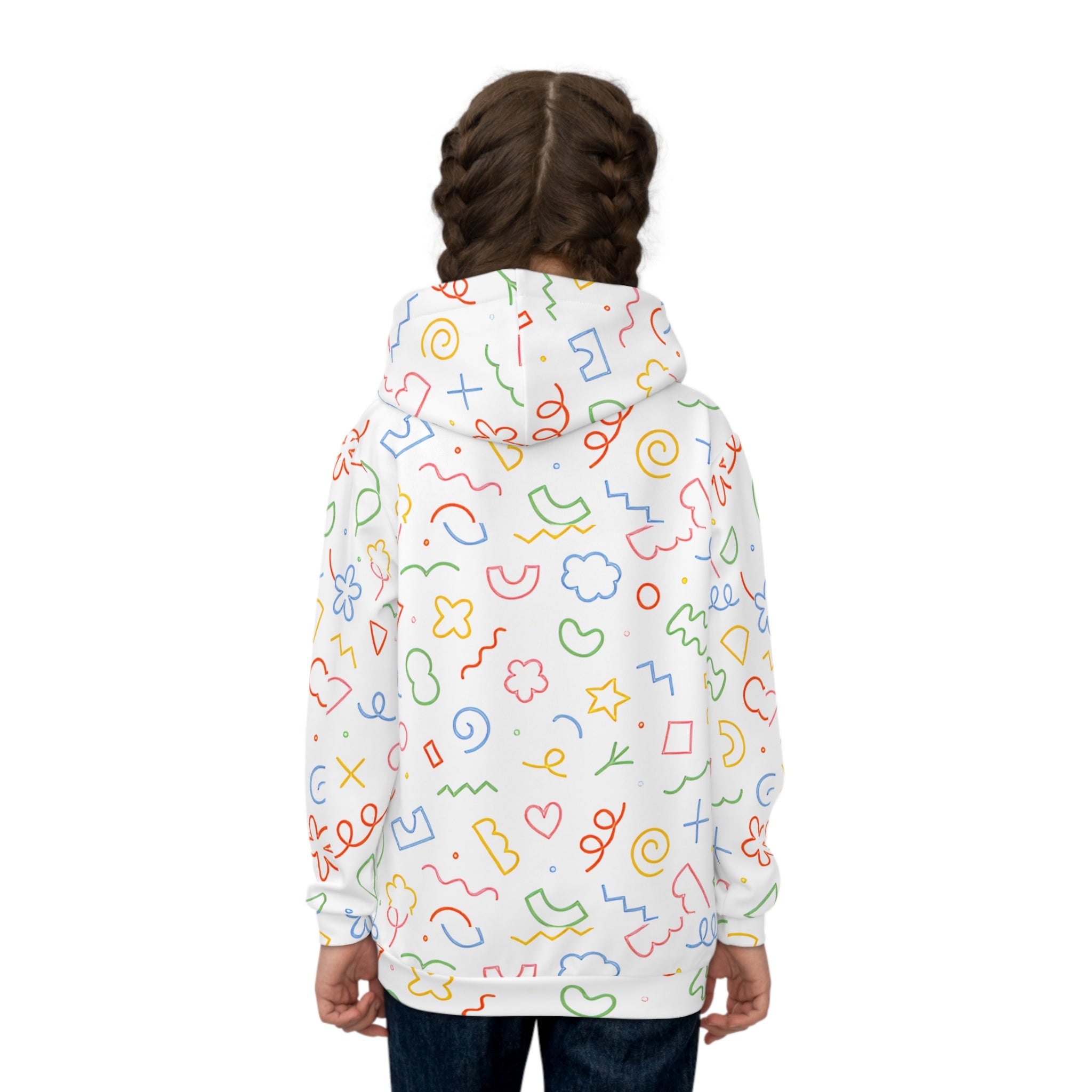 Person wearing a white hoodie with colorful abstract patterns on a white background