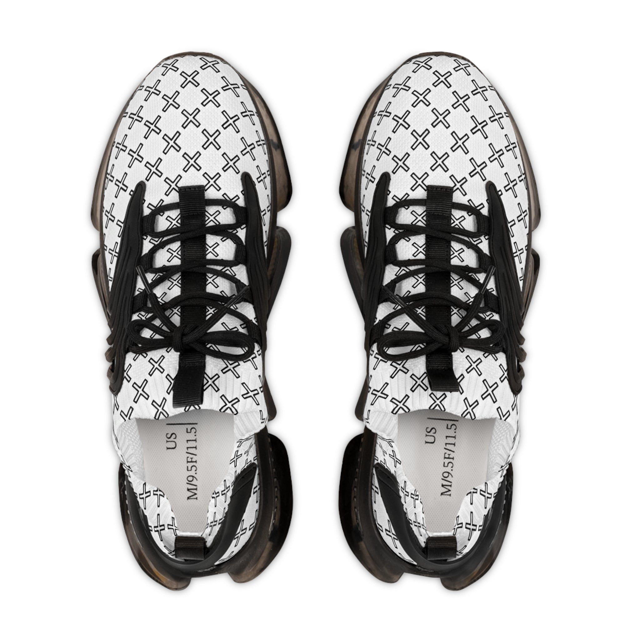 Pair of white sneakers with black pattern and black laces on a white background