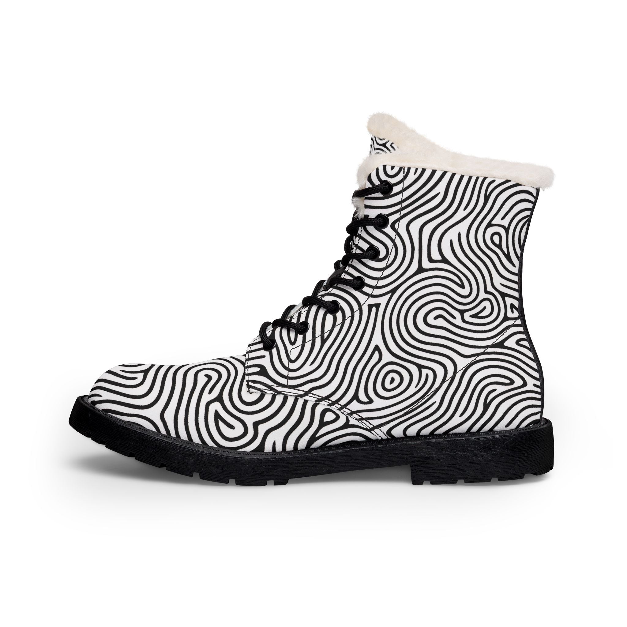 Black and white boot with text pattern on a white background