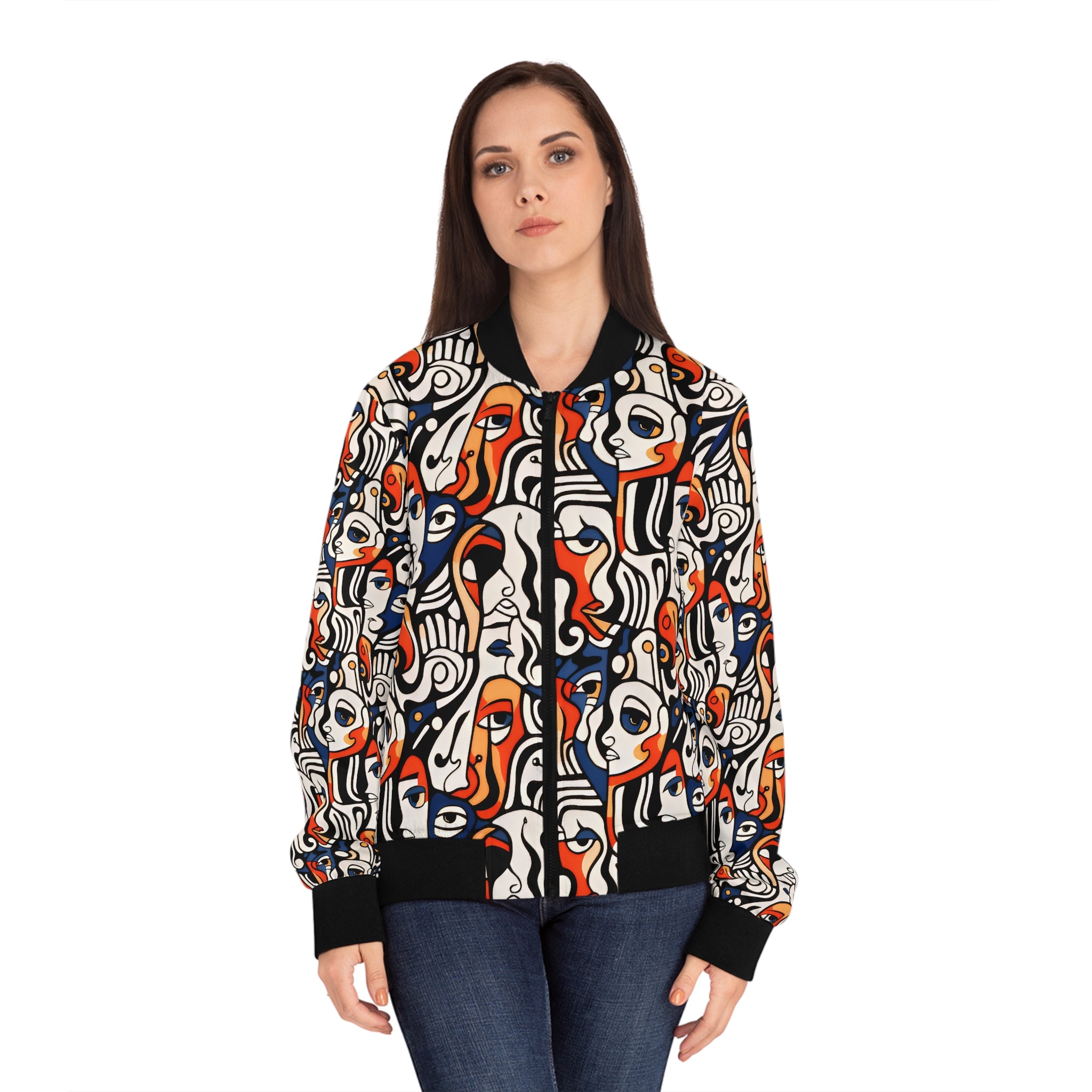 Abstract Faces Bomber Jacket — Colorful Cubist All-Over Print for Women