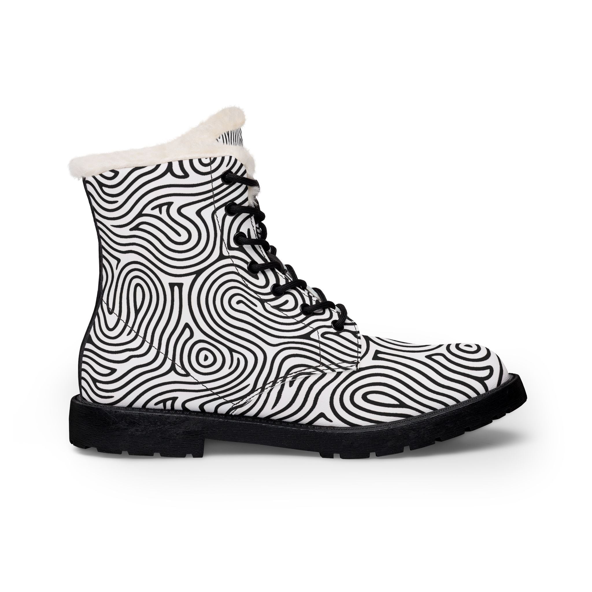 Snakeskin-patterned boot with white fur lining on a white background