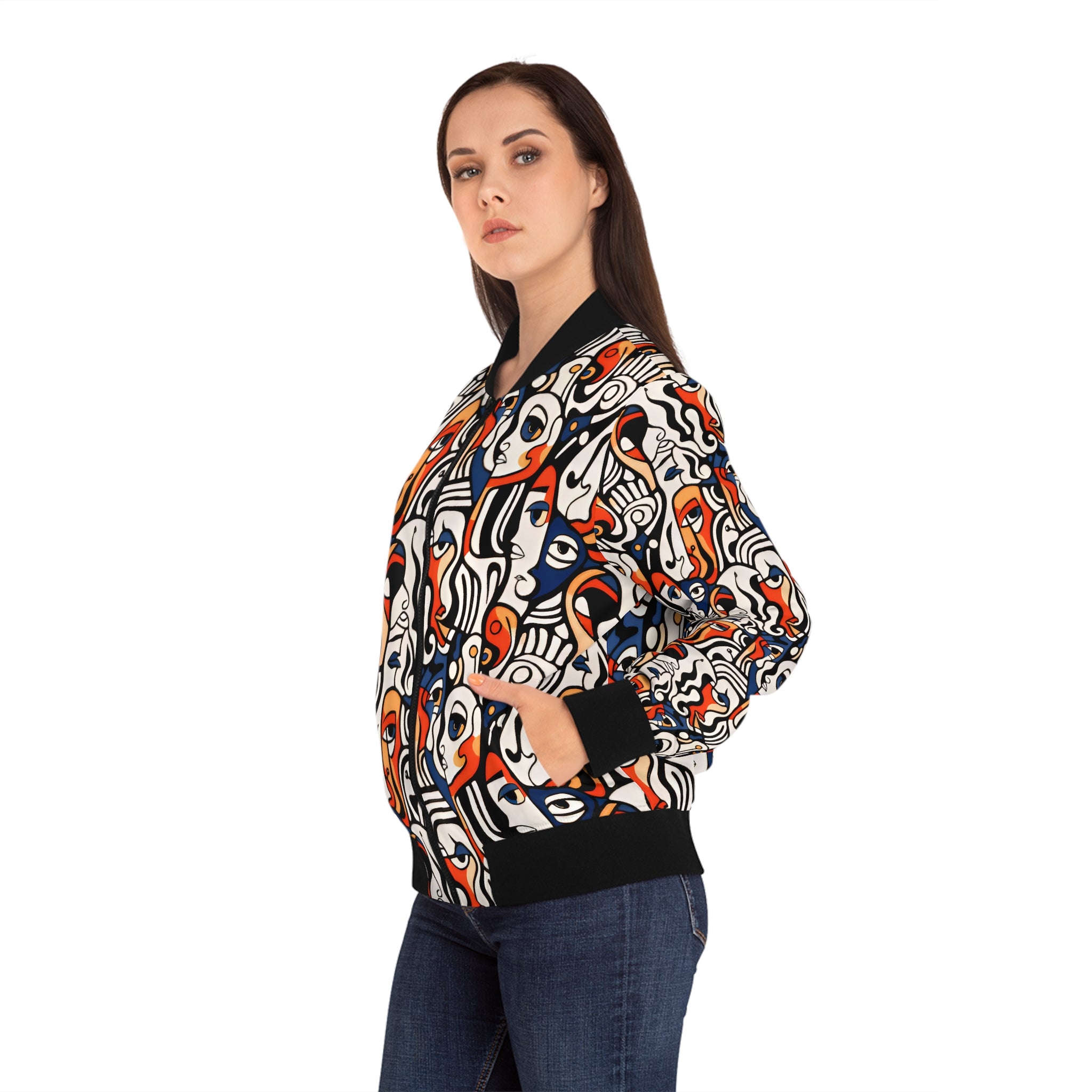 Abstract Faces Bomber Jacket — Colorful Cubist All-Over Print for Women
