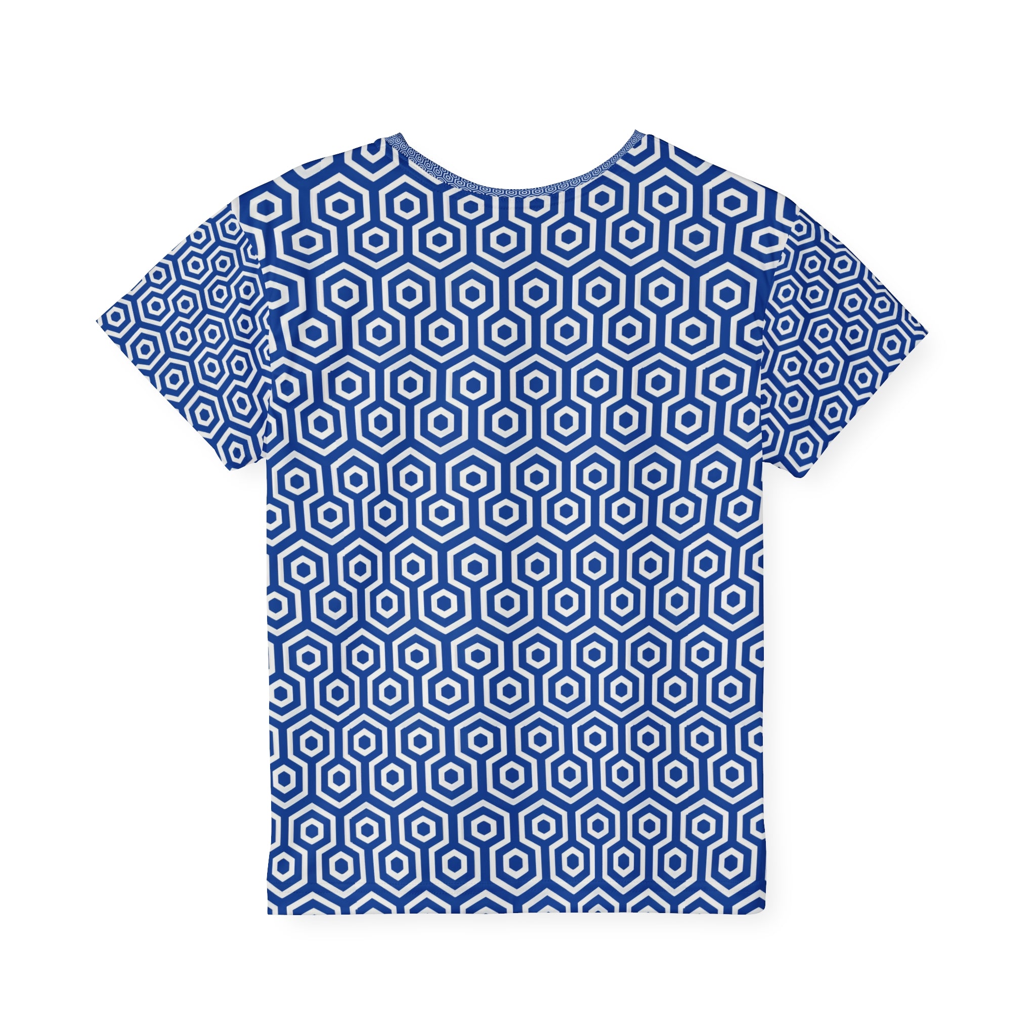 Blue t-shirt with white geometric pattern on a white background