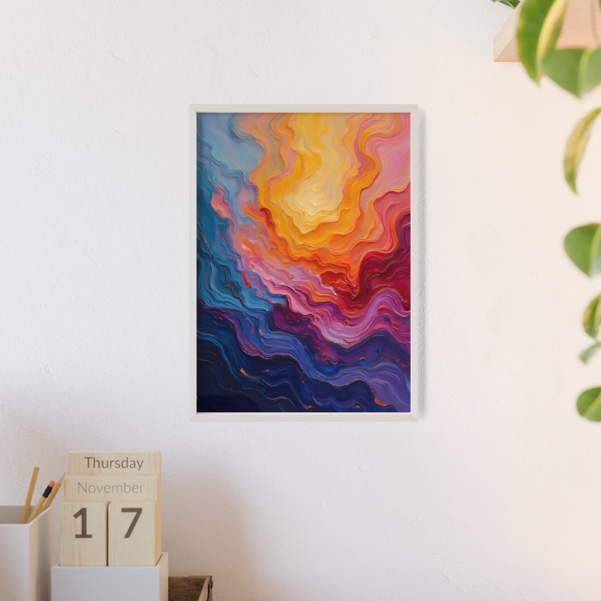 Abstract Color Wave Poster with Wooden Frame — Vibrant Modern Wall Art