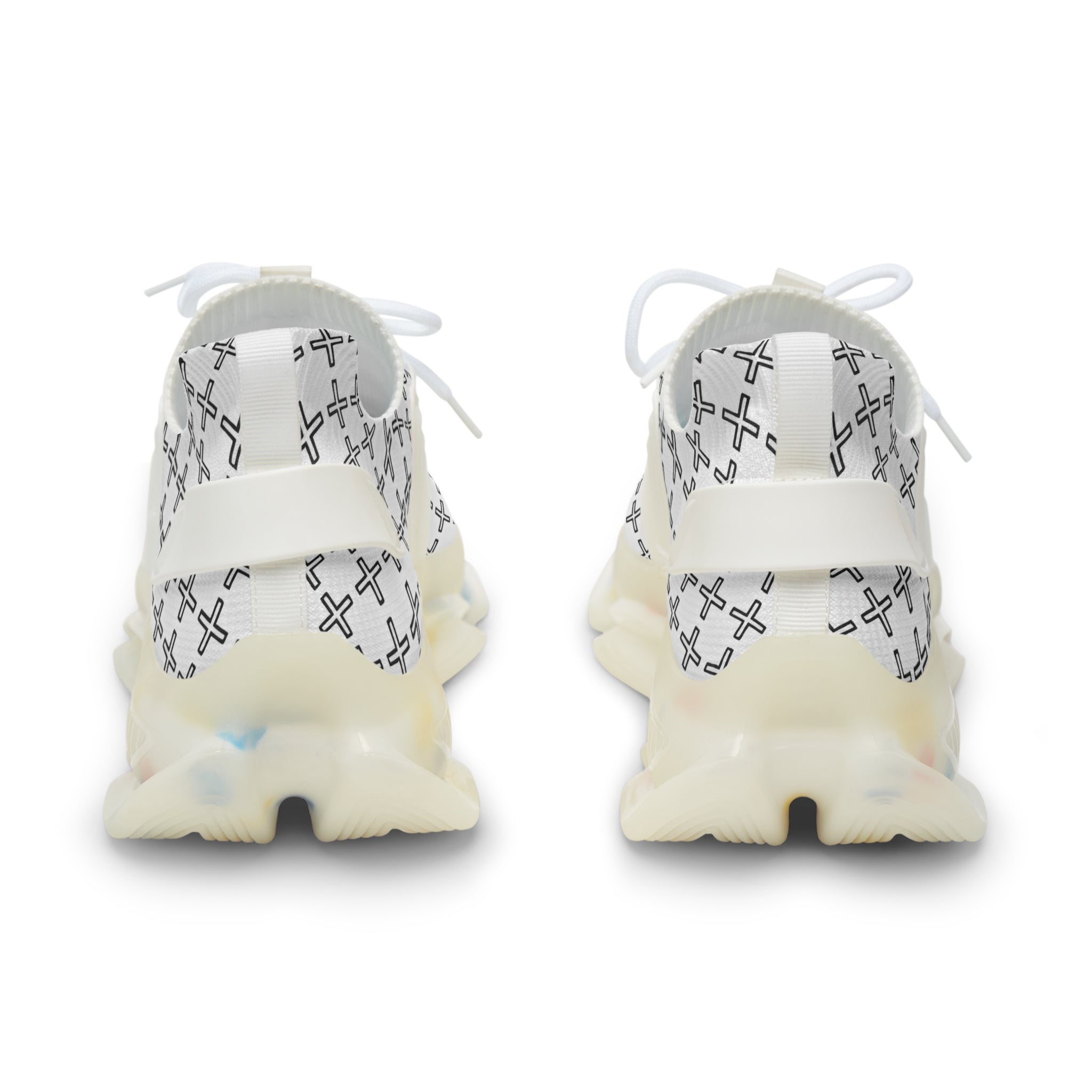 White sneakers with black cross patterns on a white background