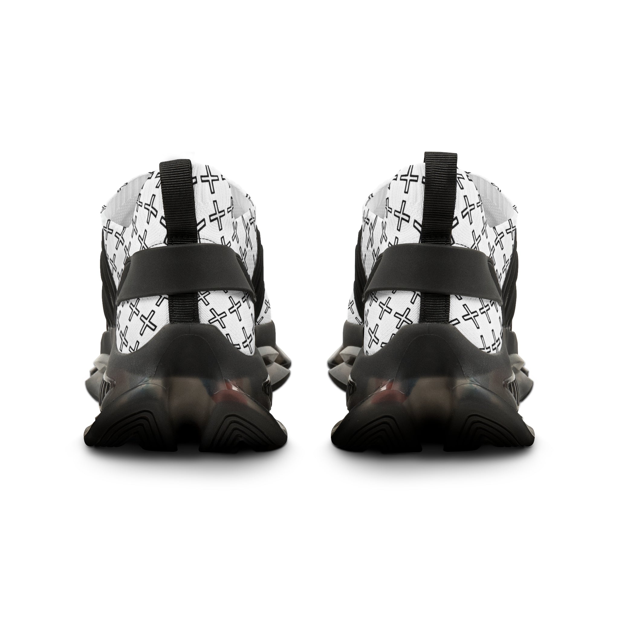 Black and white athletic shoes with unique pattern on a white background