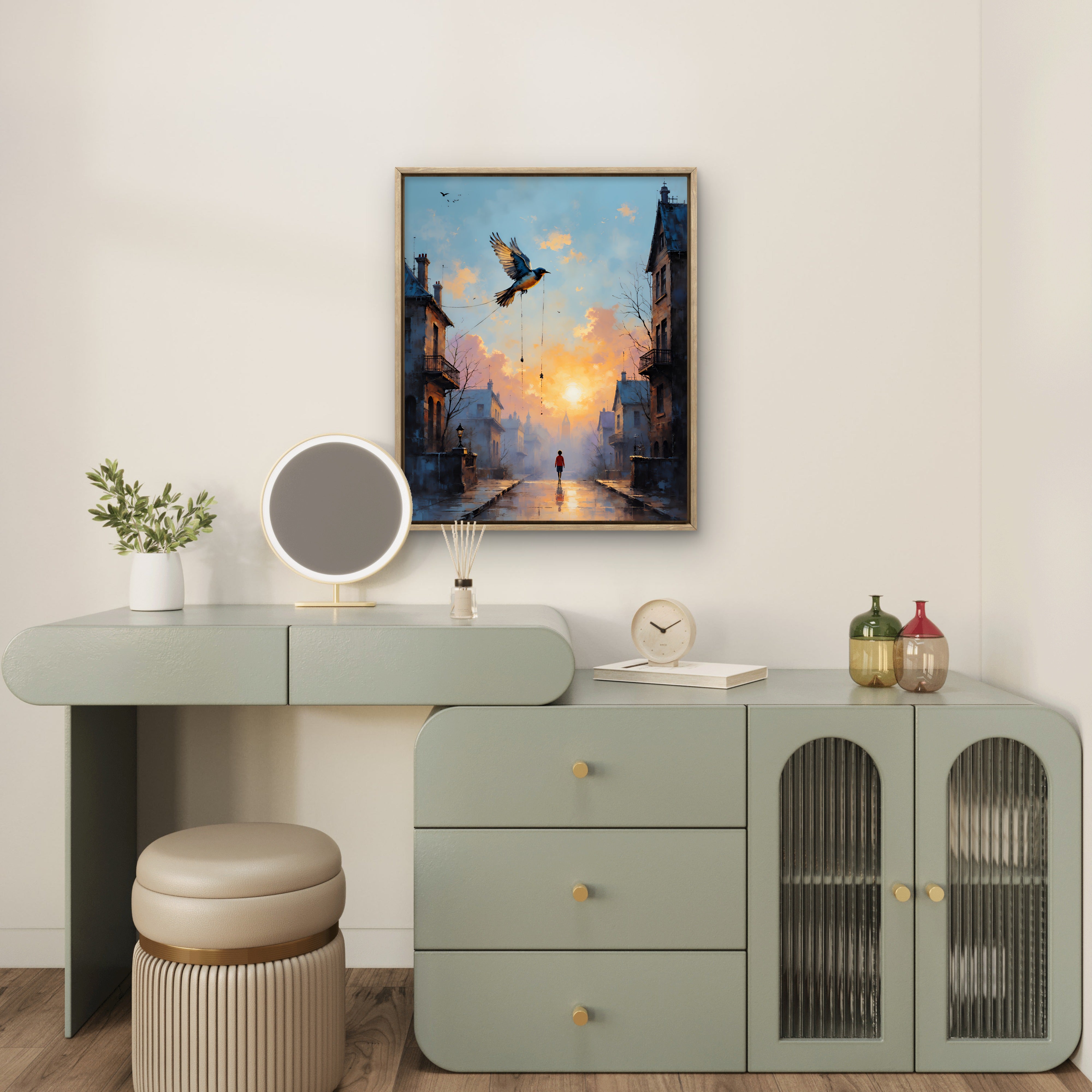 Golden Sunrise Streetscape – Framed Fine Art Poster with Premium Photo Paper