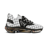 White sneaker with black pattern and sole on a white background