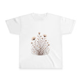 White t-shirt with a floral design on a white background