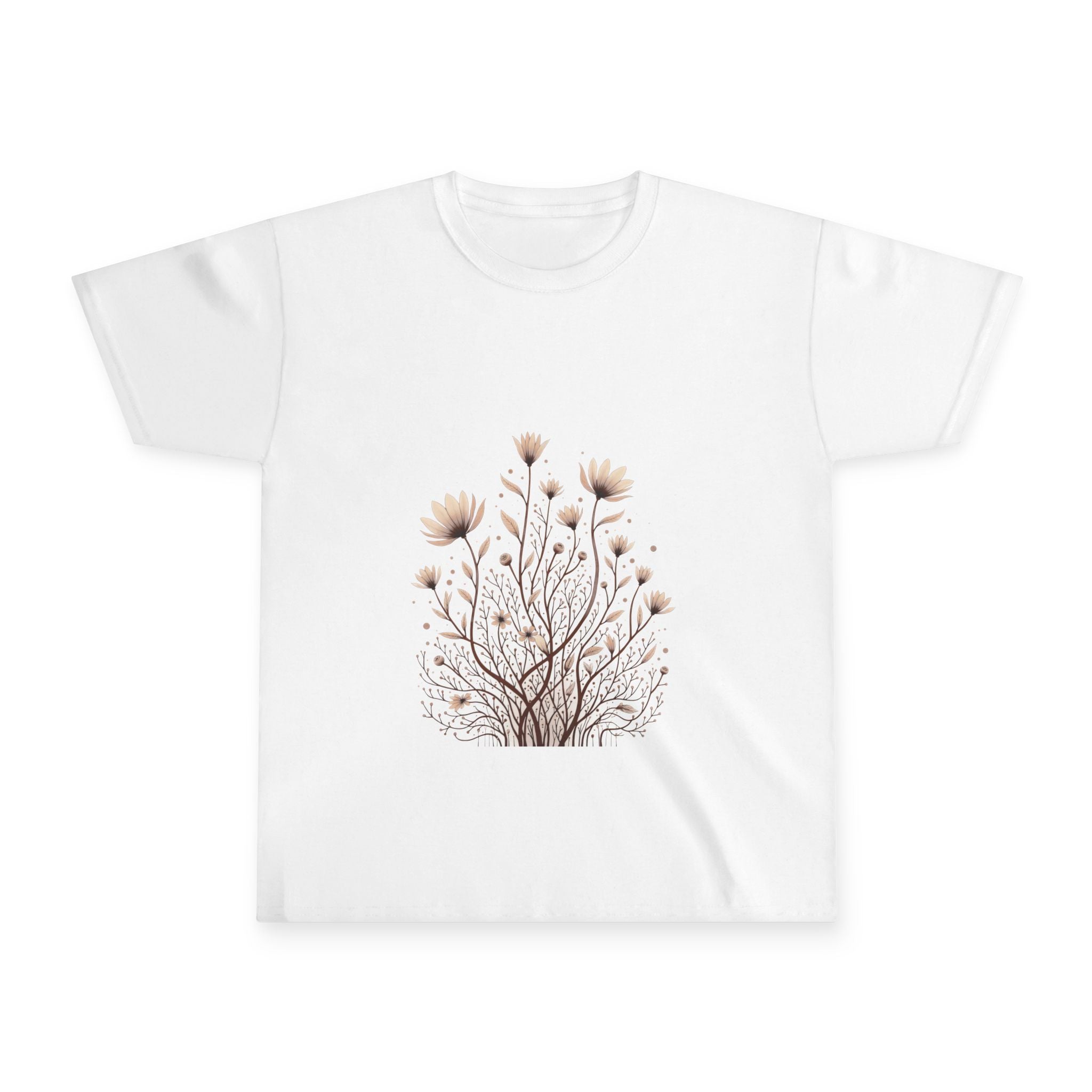 White t-shirt with a floral design on a white background