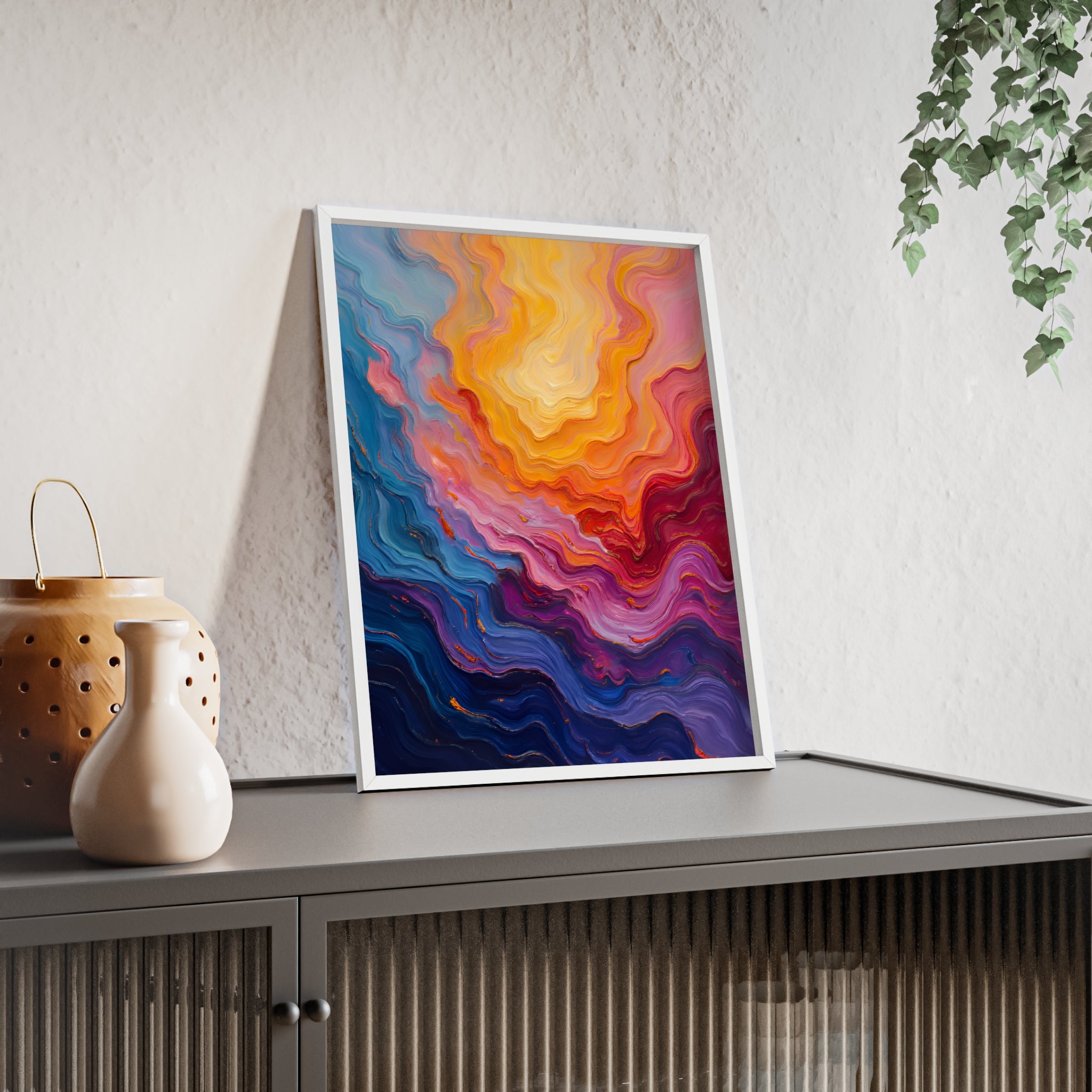 Abstract Color Wave Poster with Wooden Frame — Vibrant Modern Wall Art