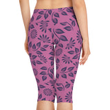 Floral Pink Capri Leggings — Navy Leaf & Daisy All-Over Print