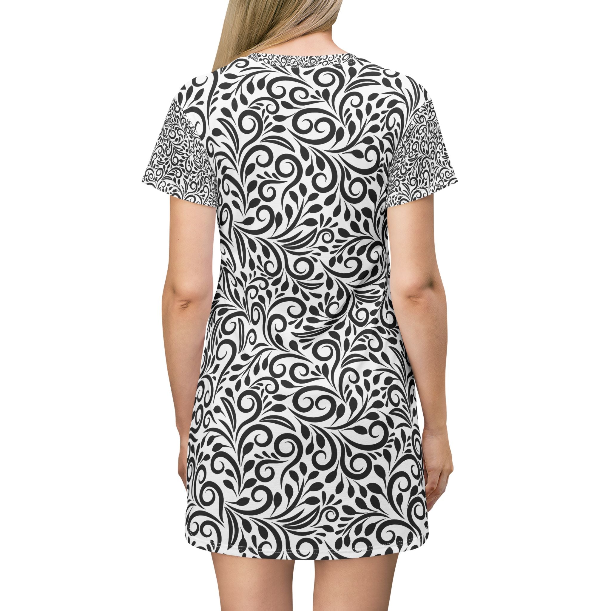 Black White Floral Swirl T-Shirt Dress