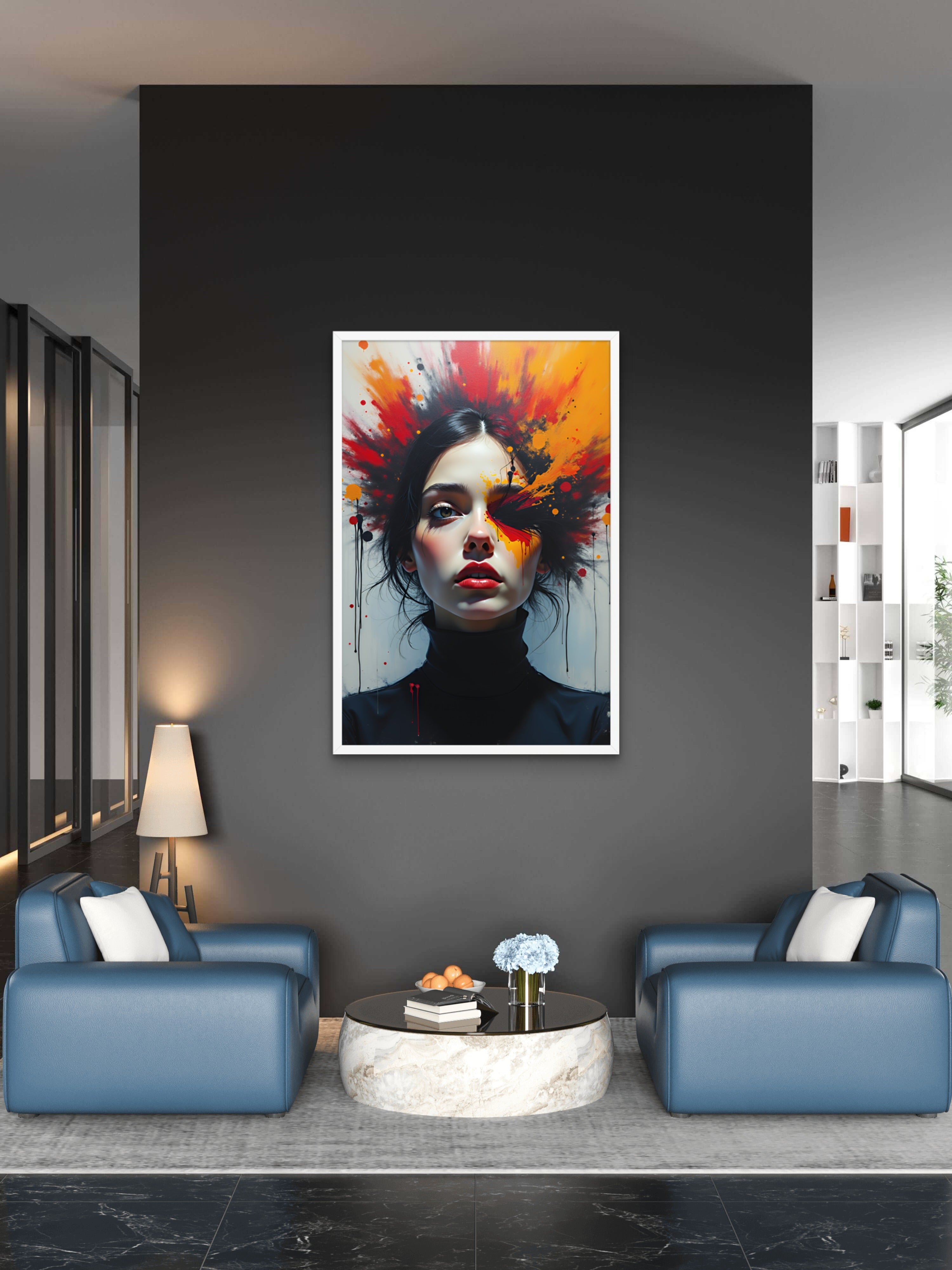 Modern living room with a colorful abstract painting of a woman's face on a gray wall.