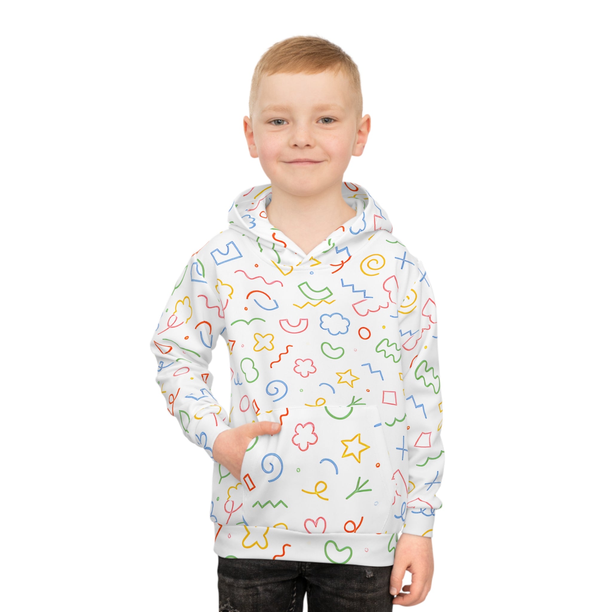Child wearing a colorful hoodie with abstract patterns on a white background