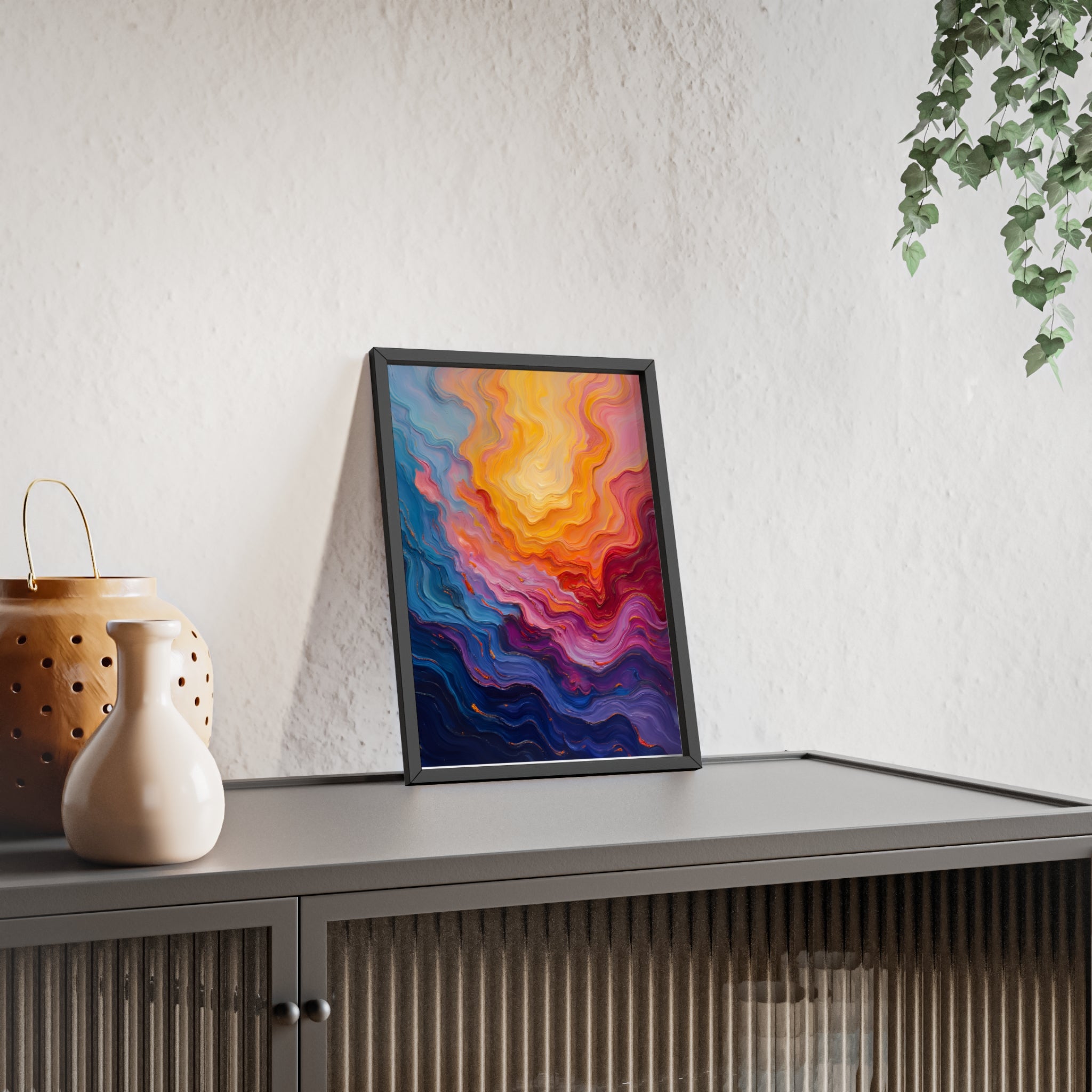 Abstract Color Wave Poster with Wooden Frame — Vibrant Modern Wall Art