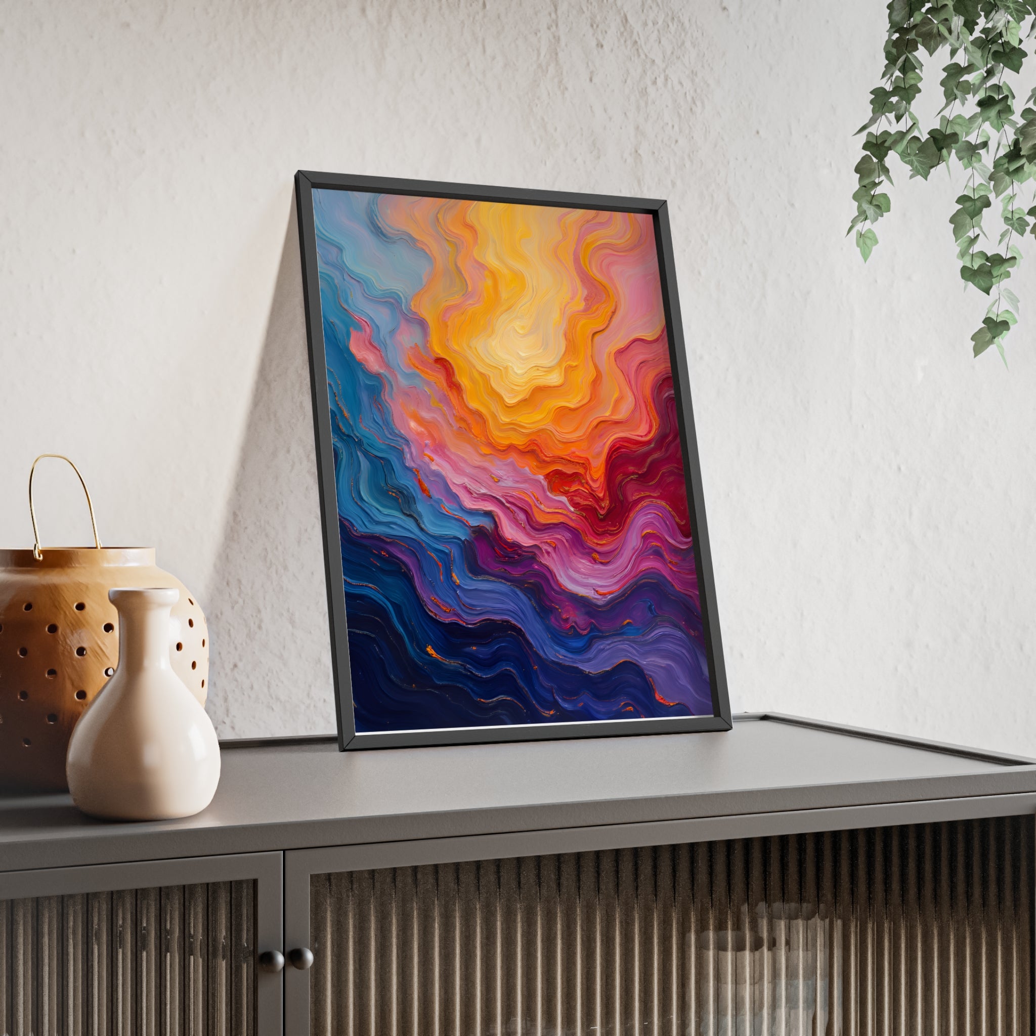 Abstract Color Wave Poster with Wooden Frame — Vibrant Modern Wall Art