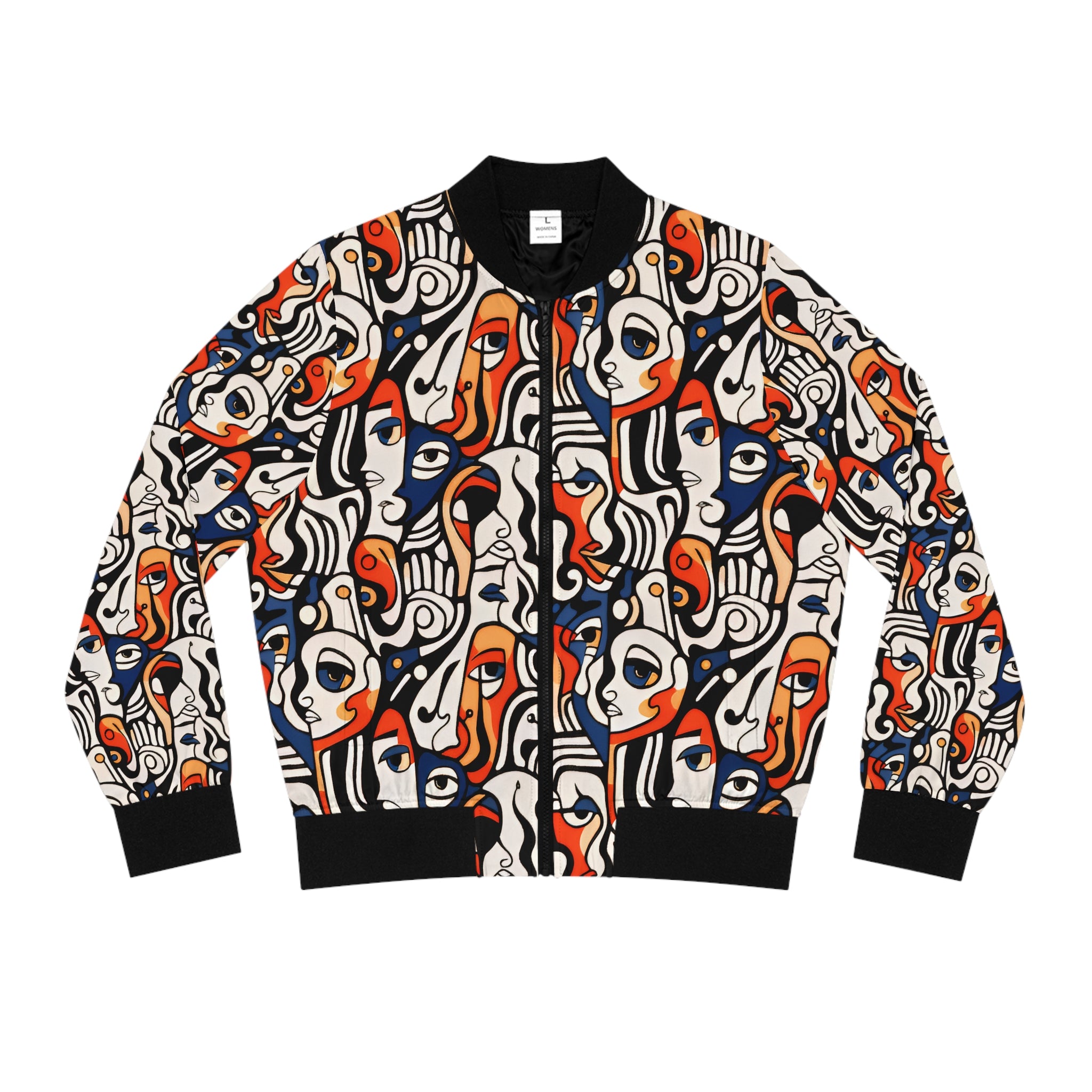 Abstract Faces Bomber Jacket — Colorful Cubist All-Over Print for Women
