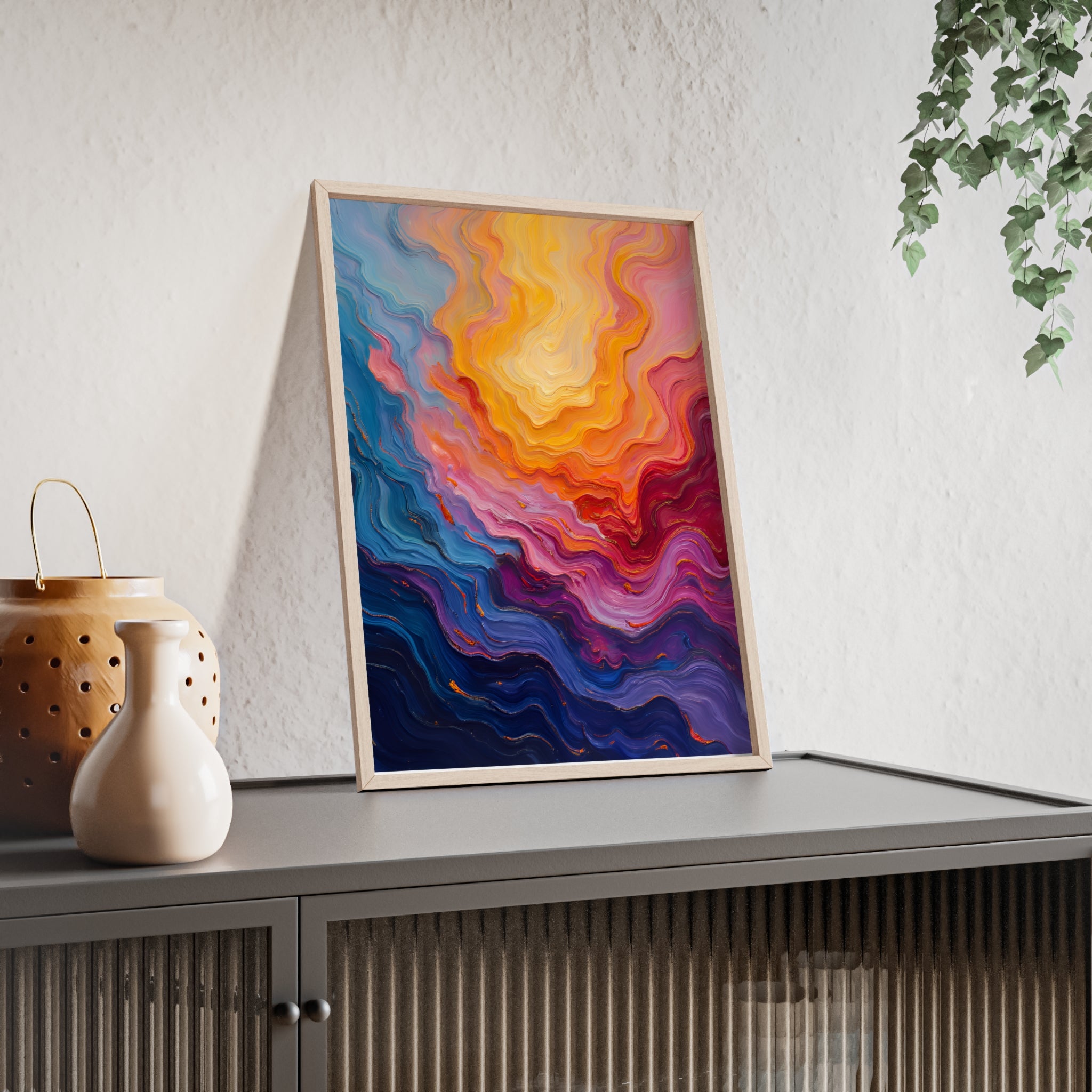 Abstract Color Wave Poster with Wooden Frame — Vibrant Modern Wall Art