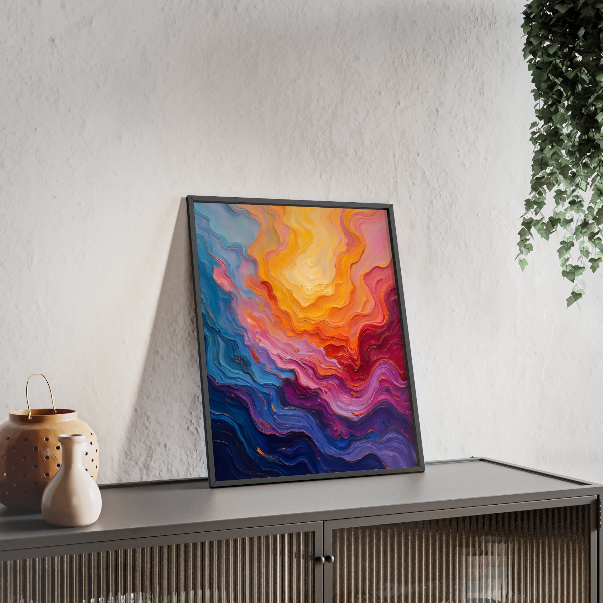 Abstract Color Wave Poster with Wooden Frame — Vibrant Modern Wall Art