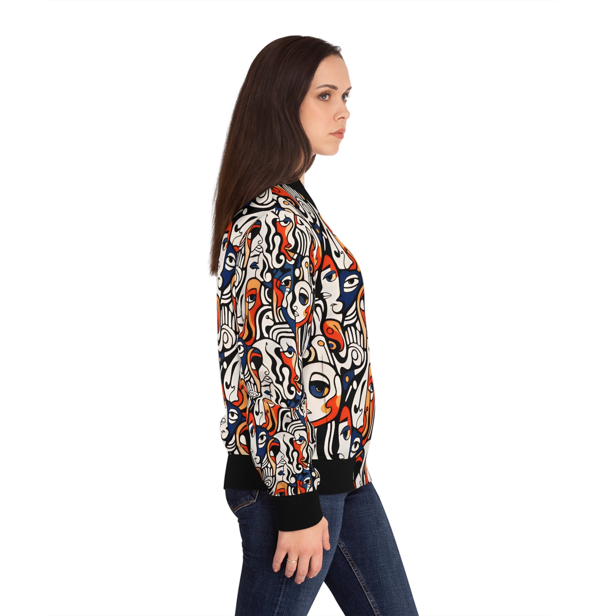Abstract Faces Bomber Jacket — Colorful Cubist All-Over Print for Women