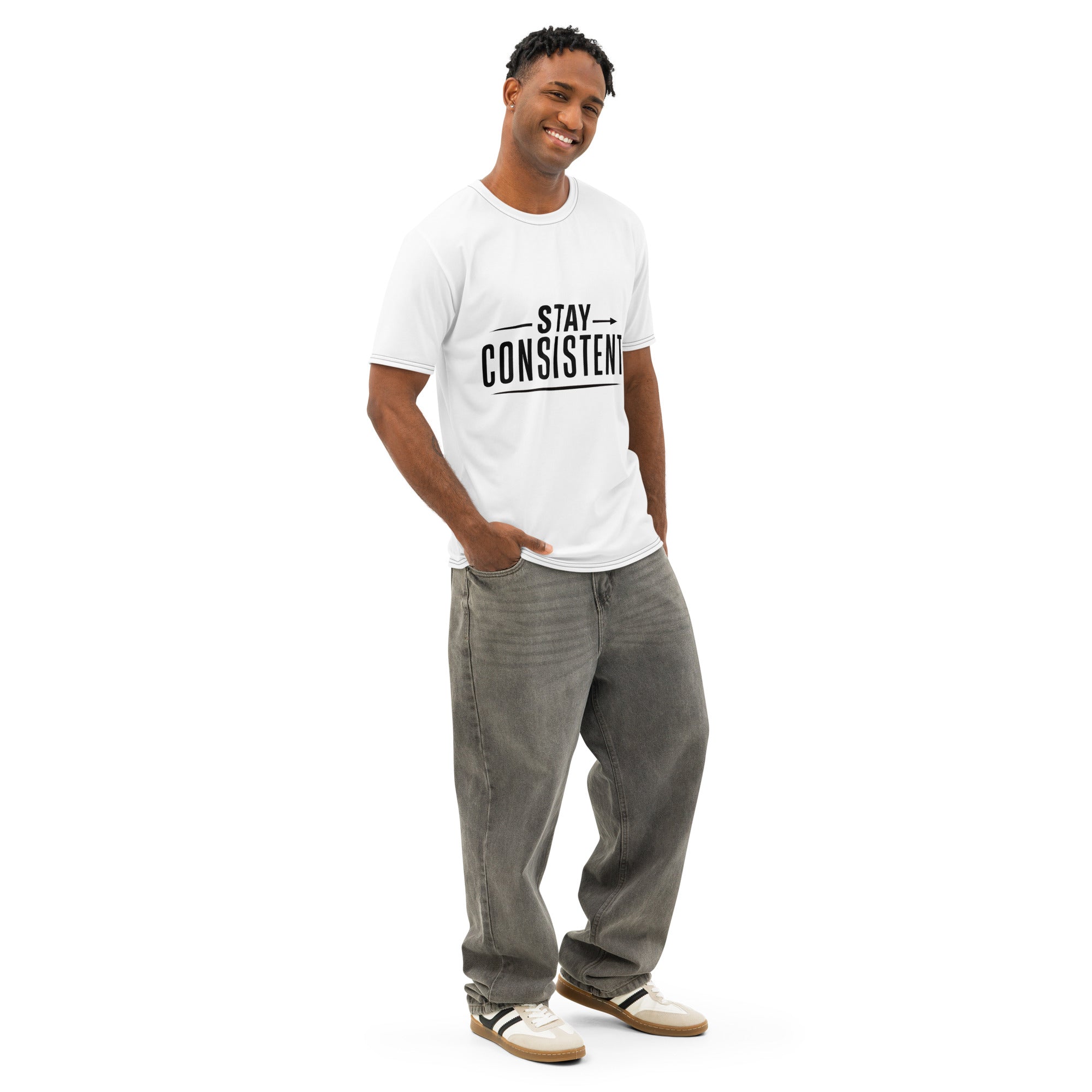 Man wearing a white t-shirt with 'Stay Consistent' text on a white background