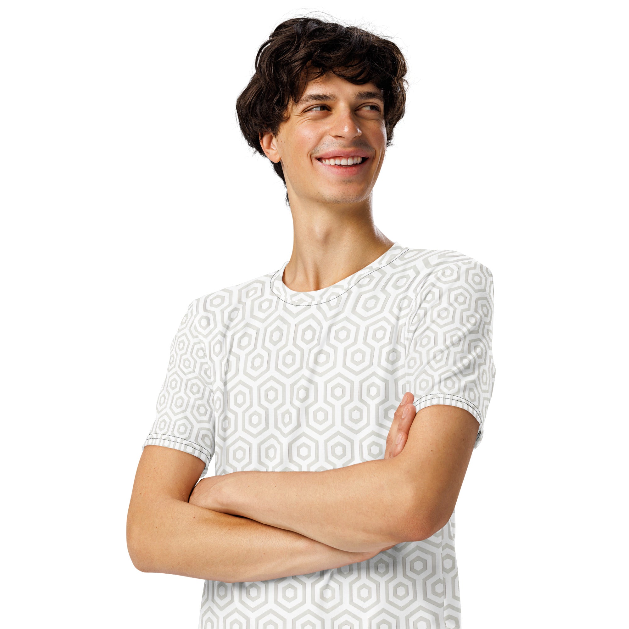 Man wearing a white patterned shirt on a white background