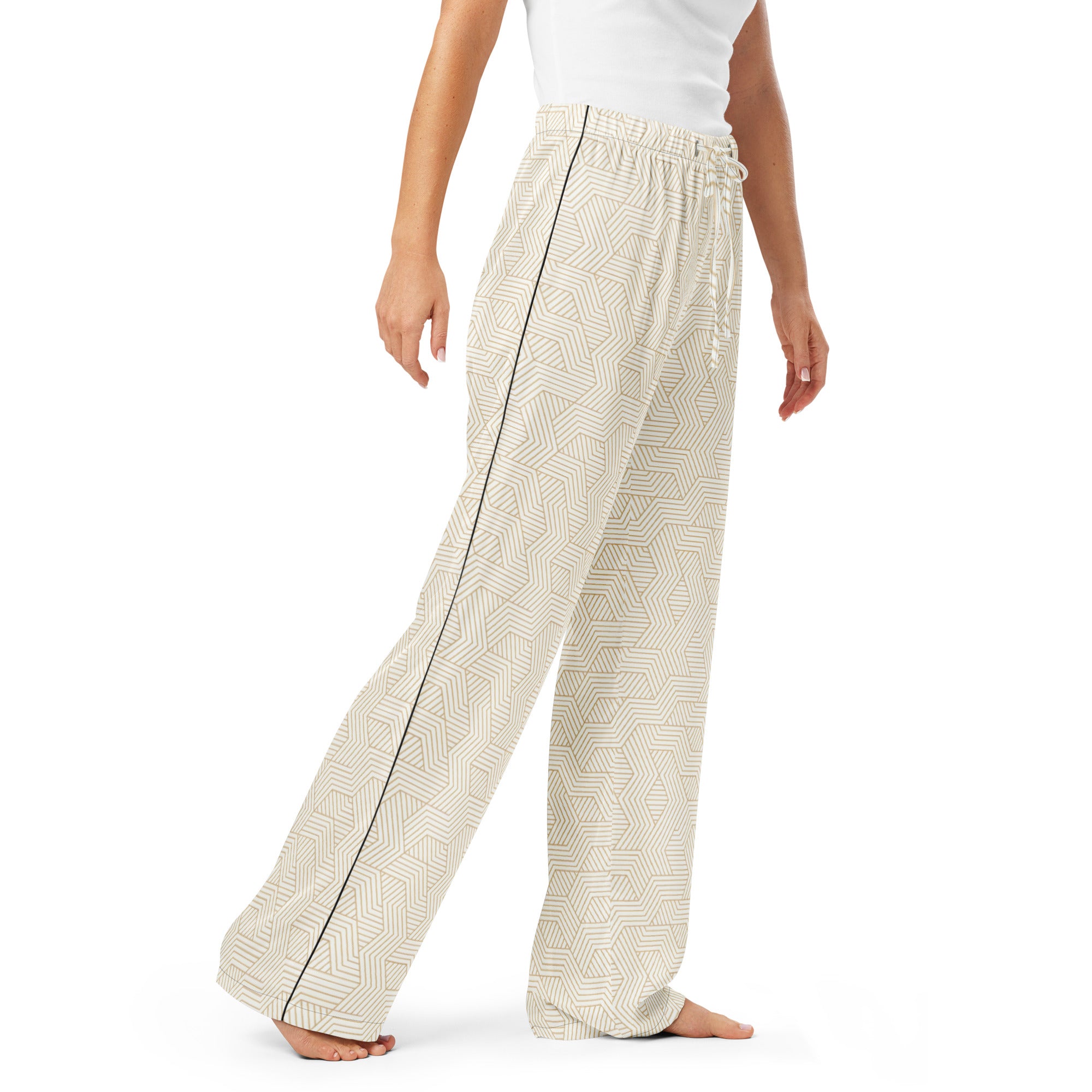 Floral-patterned pajama pants worn by a person on a white background