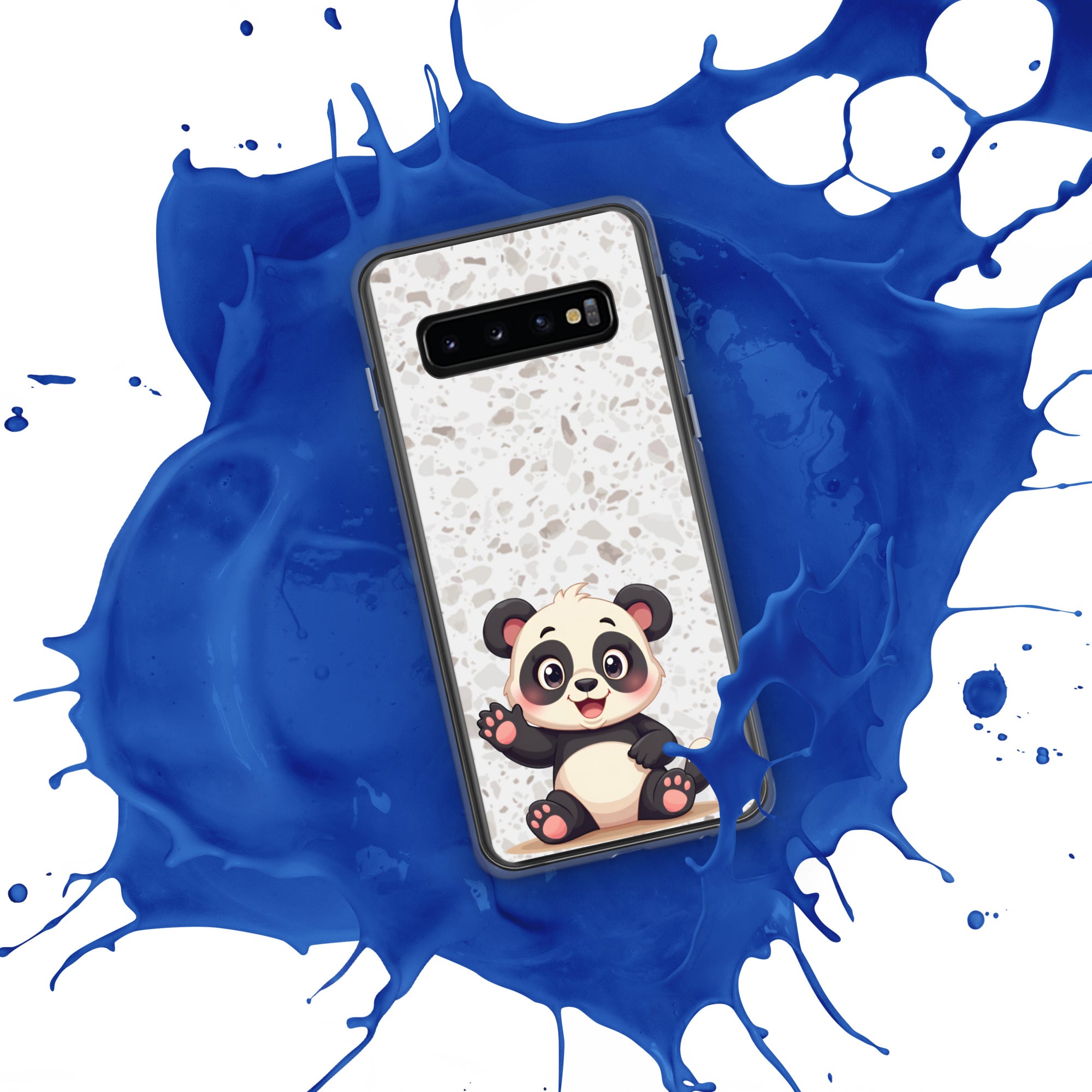 Phone case with a panda design on a blue and white splatter background