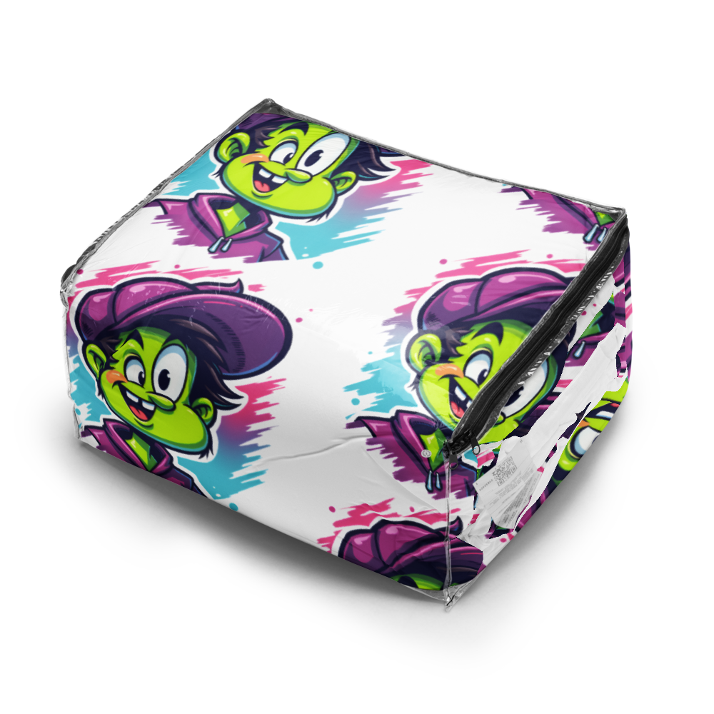 Small cube-shaped pouch with cartoon character design on a white background