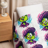 Bedding set with cartoon character design on a bed in a bedroom setting.