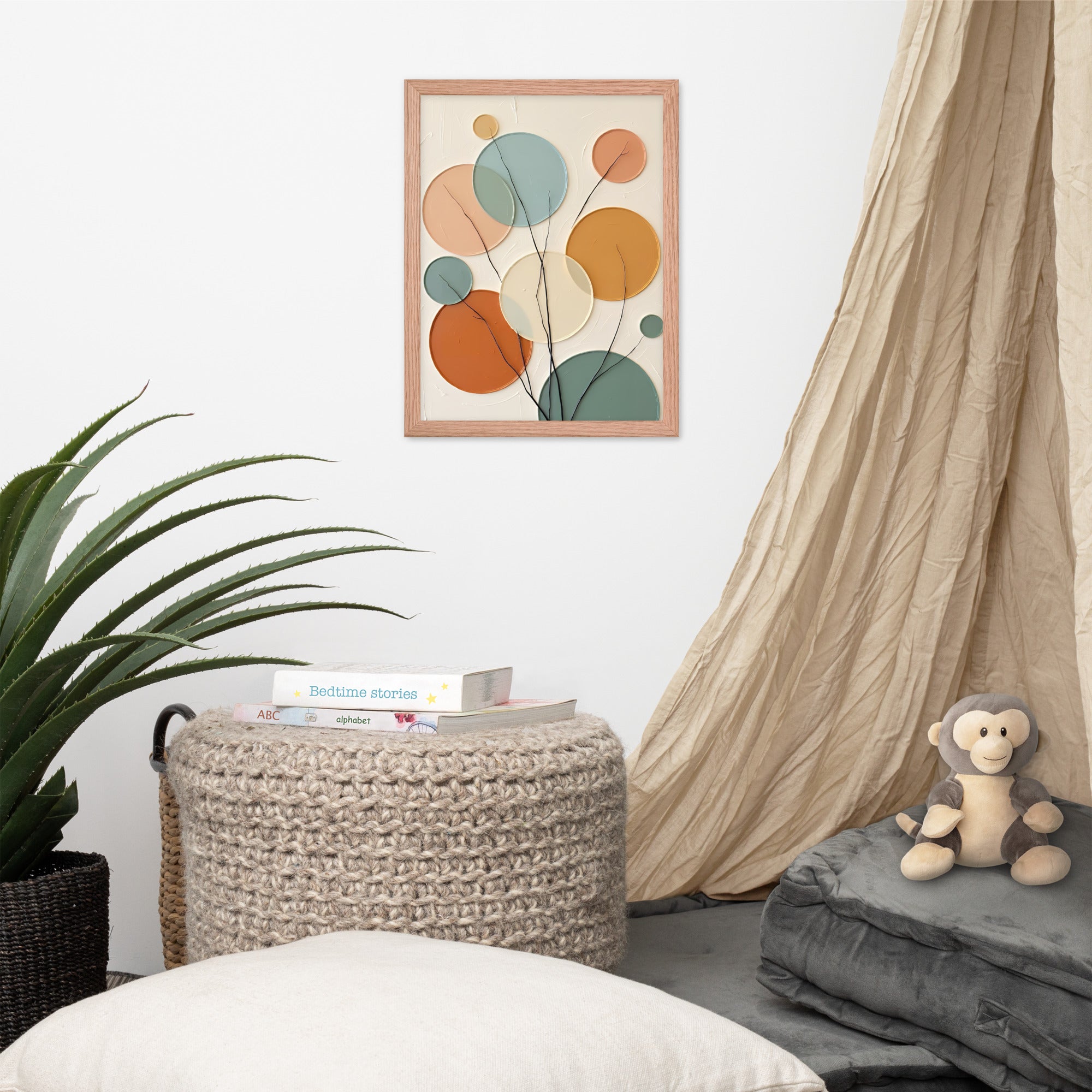 Room interior with a colorful abstract art piece, woven basket, and plush monkey toy.